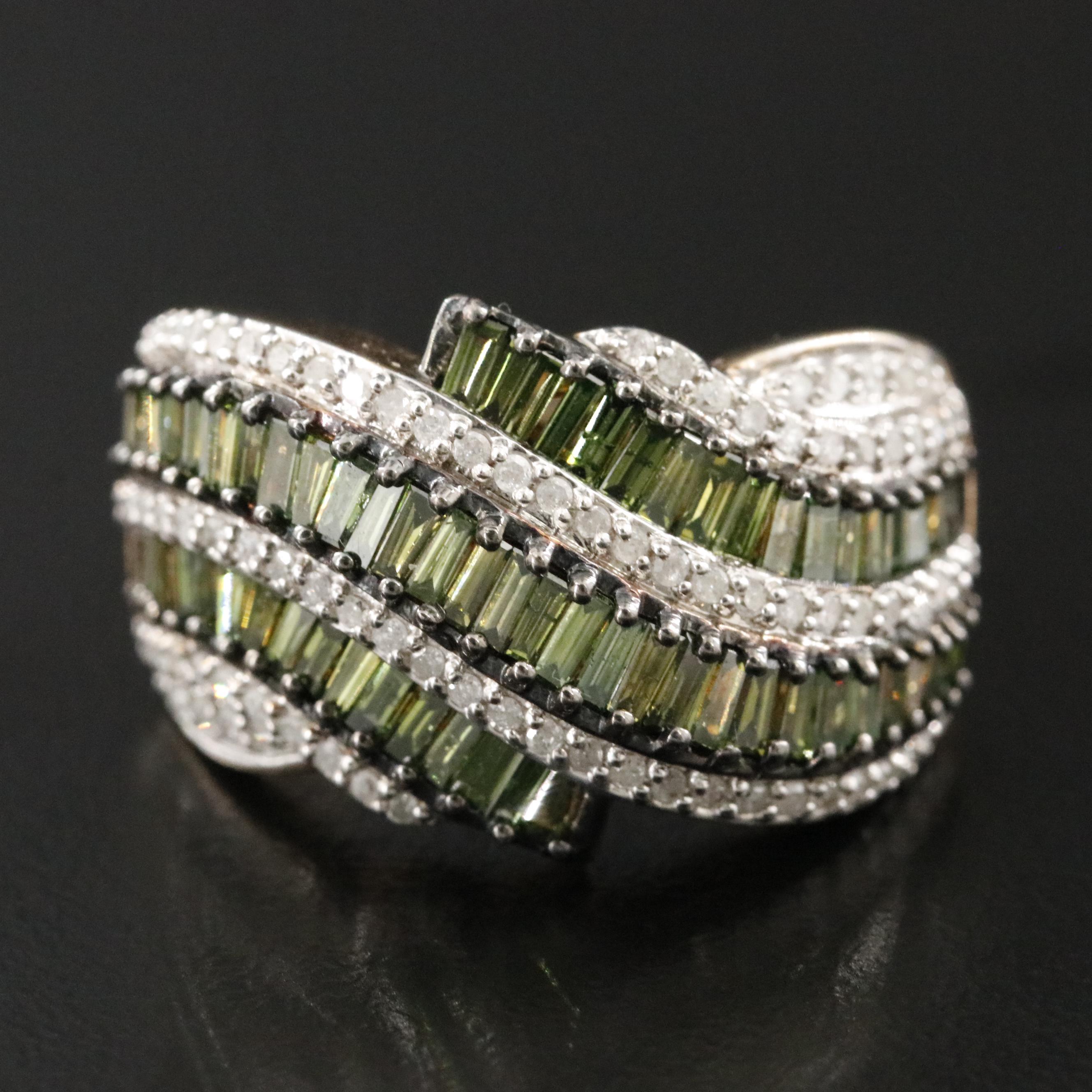 Sterling 1.53 CTW Diamond Wave Ring with Fancy Green Diamonds
