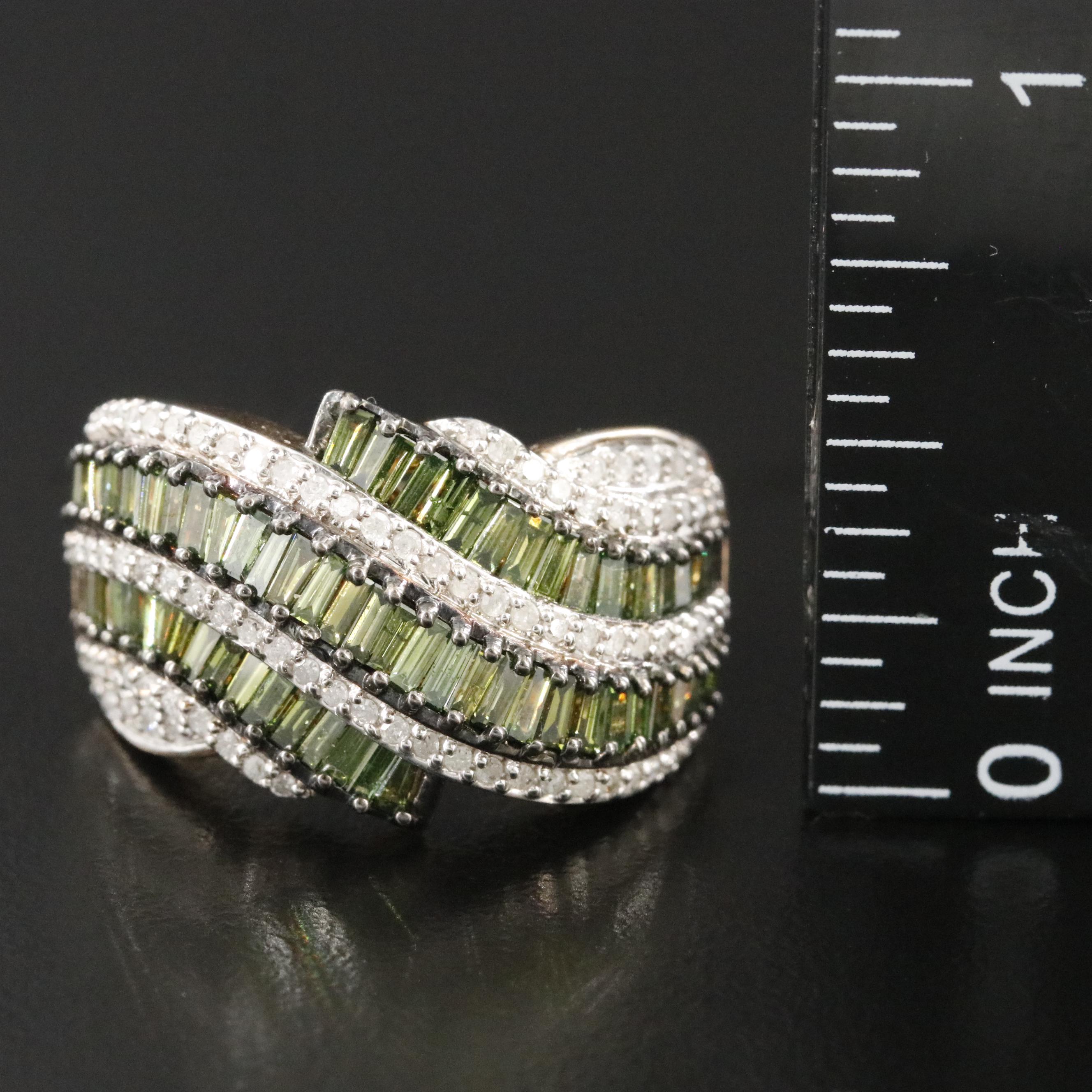 Sterling 1.53 CTW Diamond Wave Ring with Fancy Green Diamonds