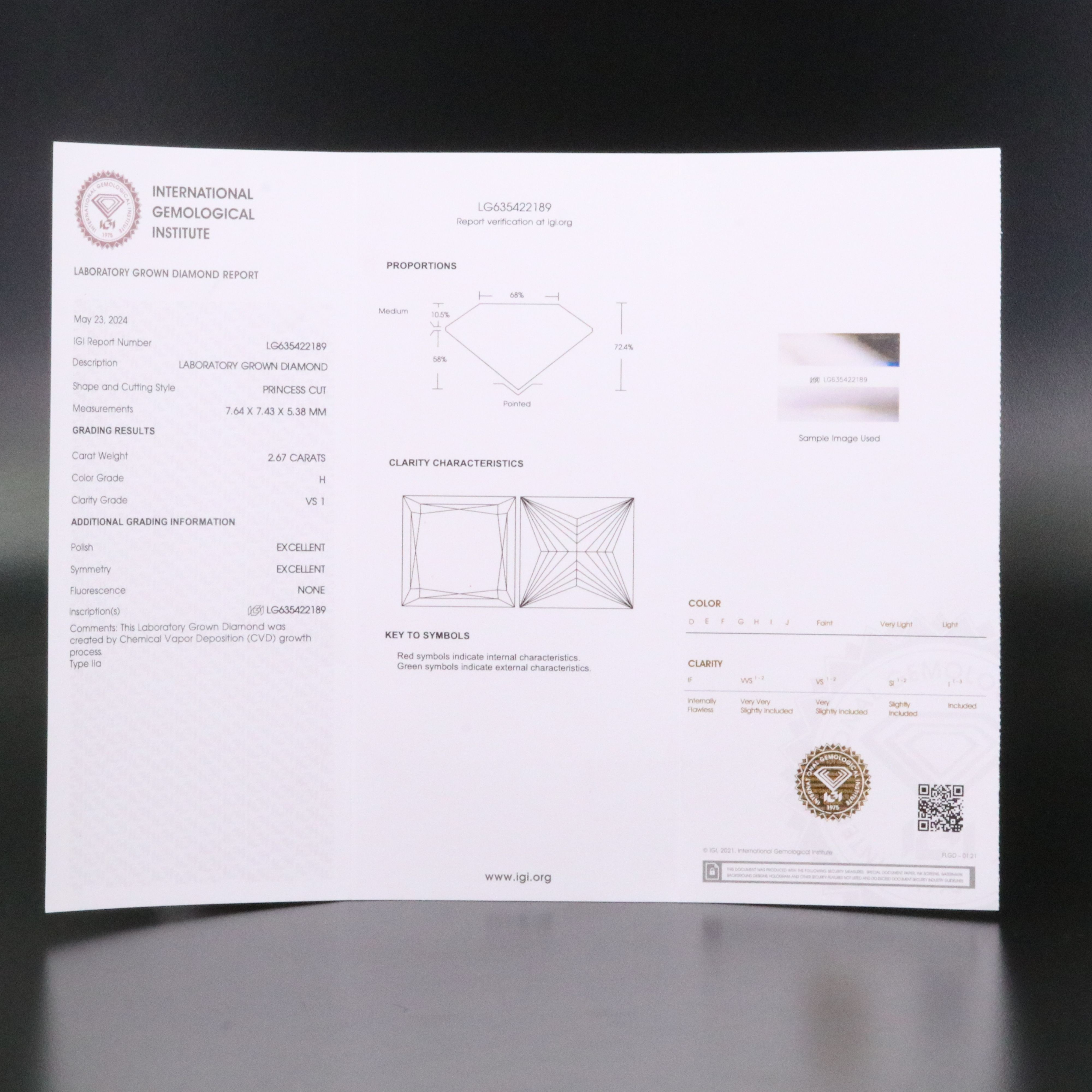 Loose 2.67 CT Lab Grown Diamond with IGI Report