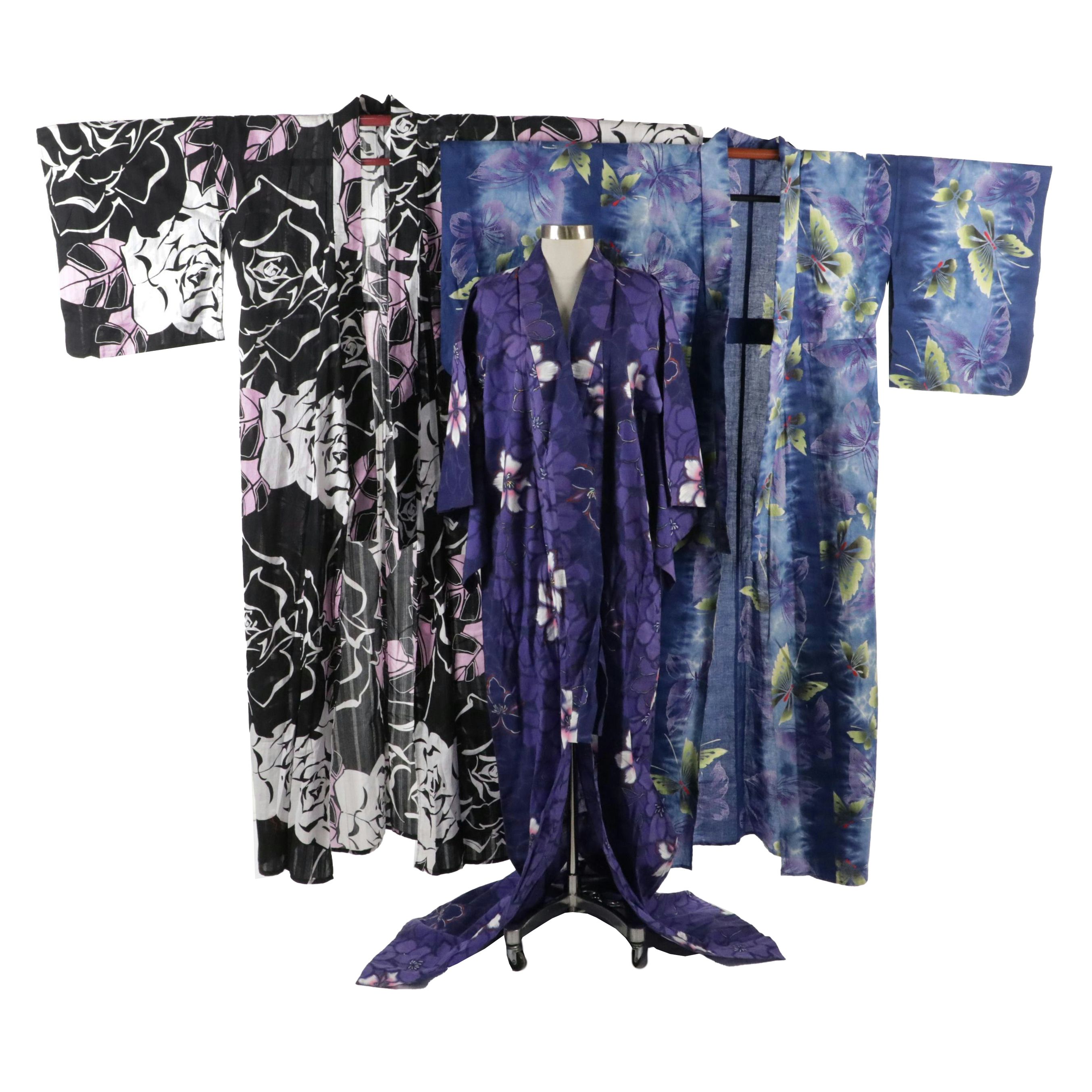 Japanese Yukata Kimonos in Black Bara, Tie-Dye Butterfly & Purple Floral Cotton