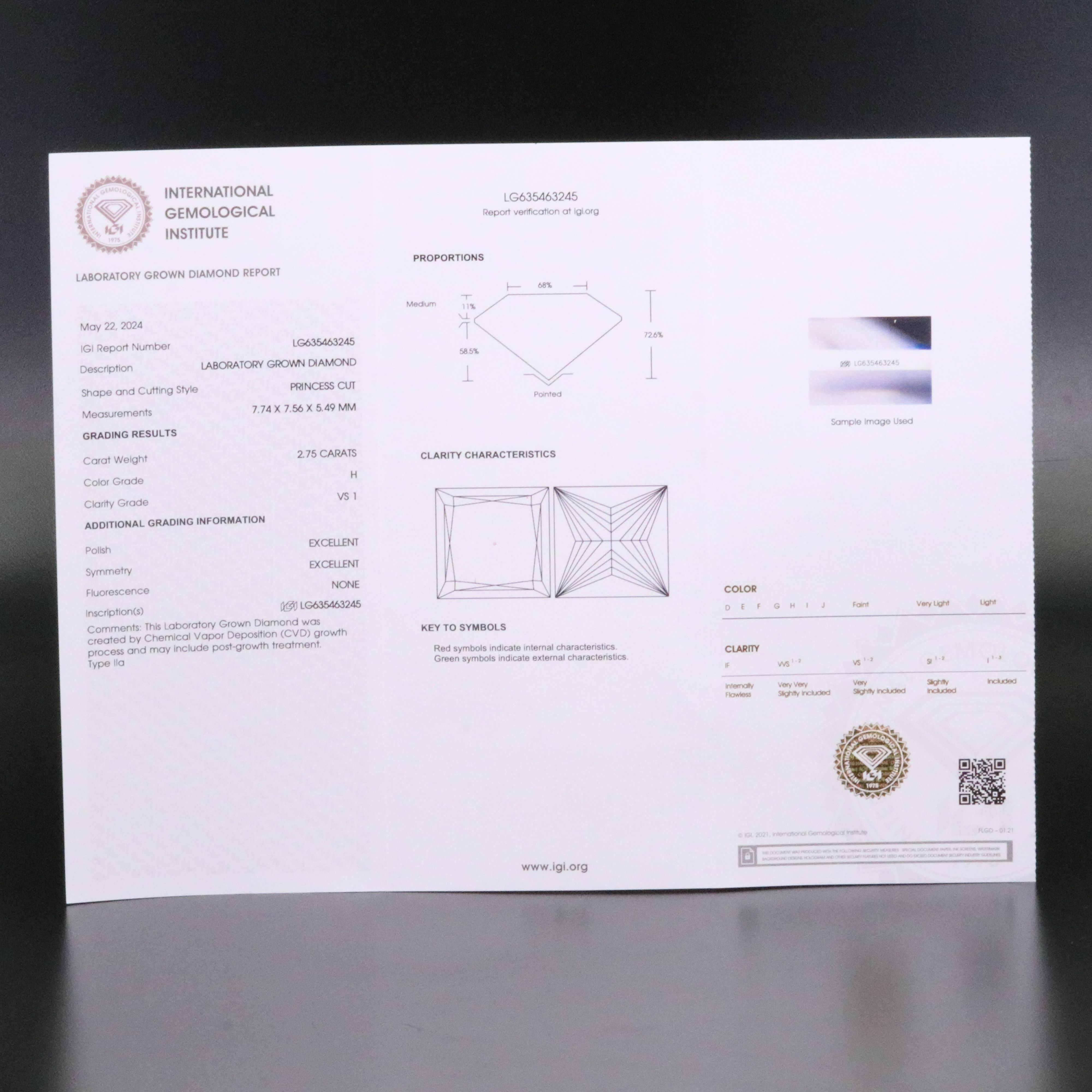 Loose 2.75 CT Lab Grown Diamond with IGI Report