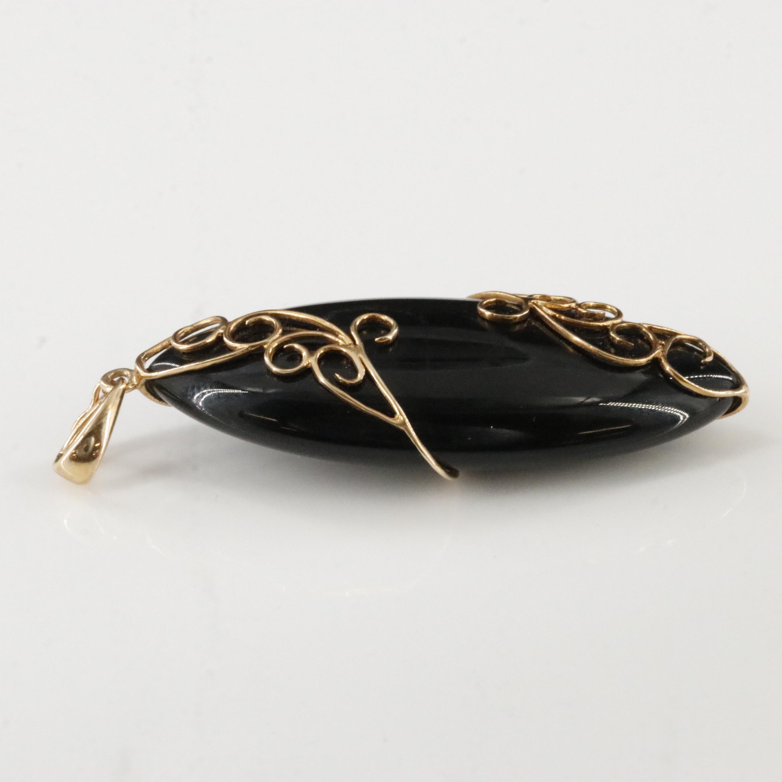 14K Black Onyx Scroll Detail Pendant