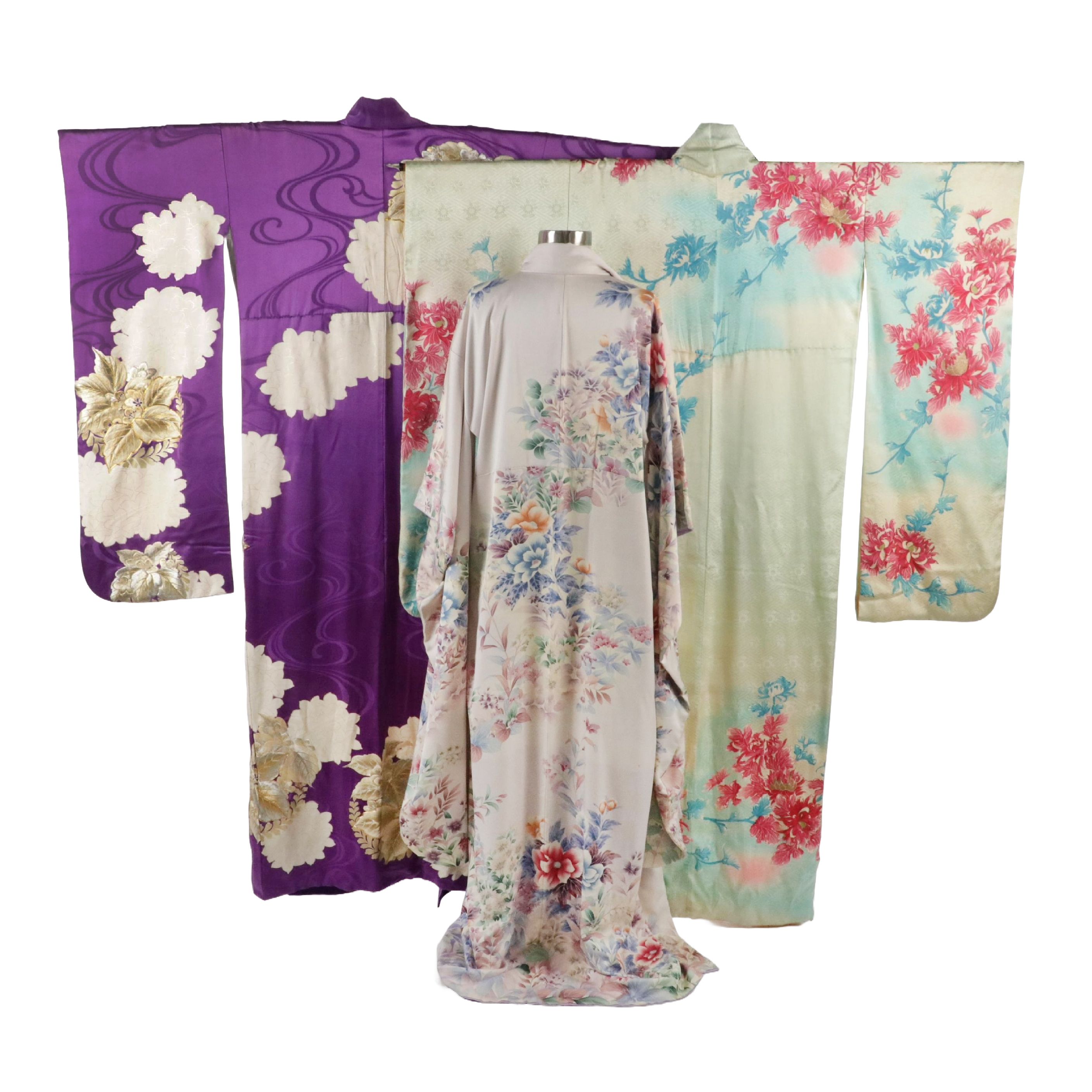 Japanese Furisode Kimono in Silk with Hand-Painting and Embroidery