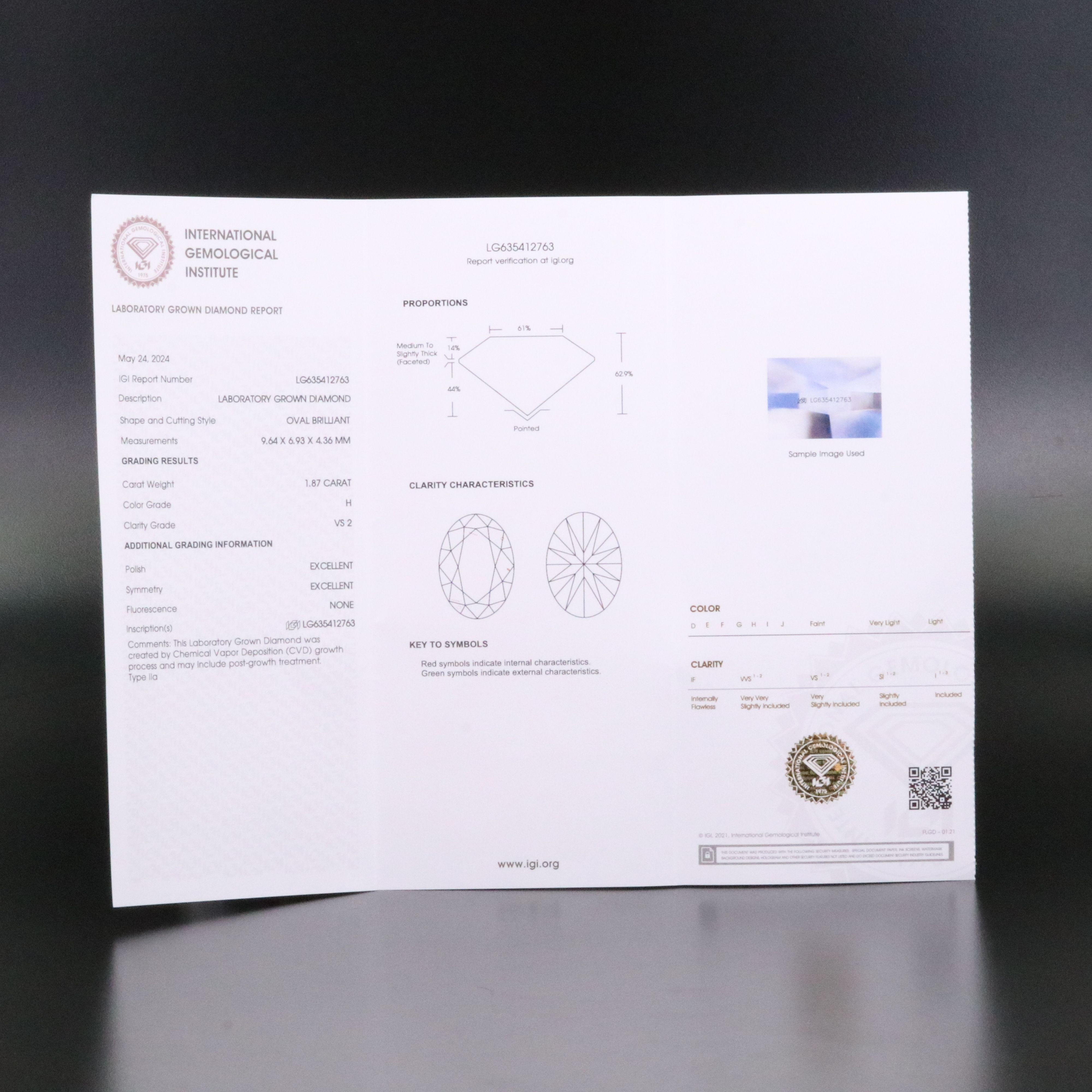 Loose 1.87 CT Lab Grown Diamond with IGI Report