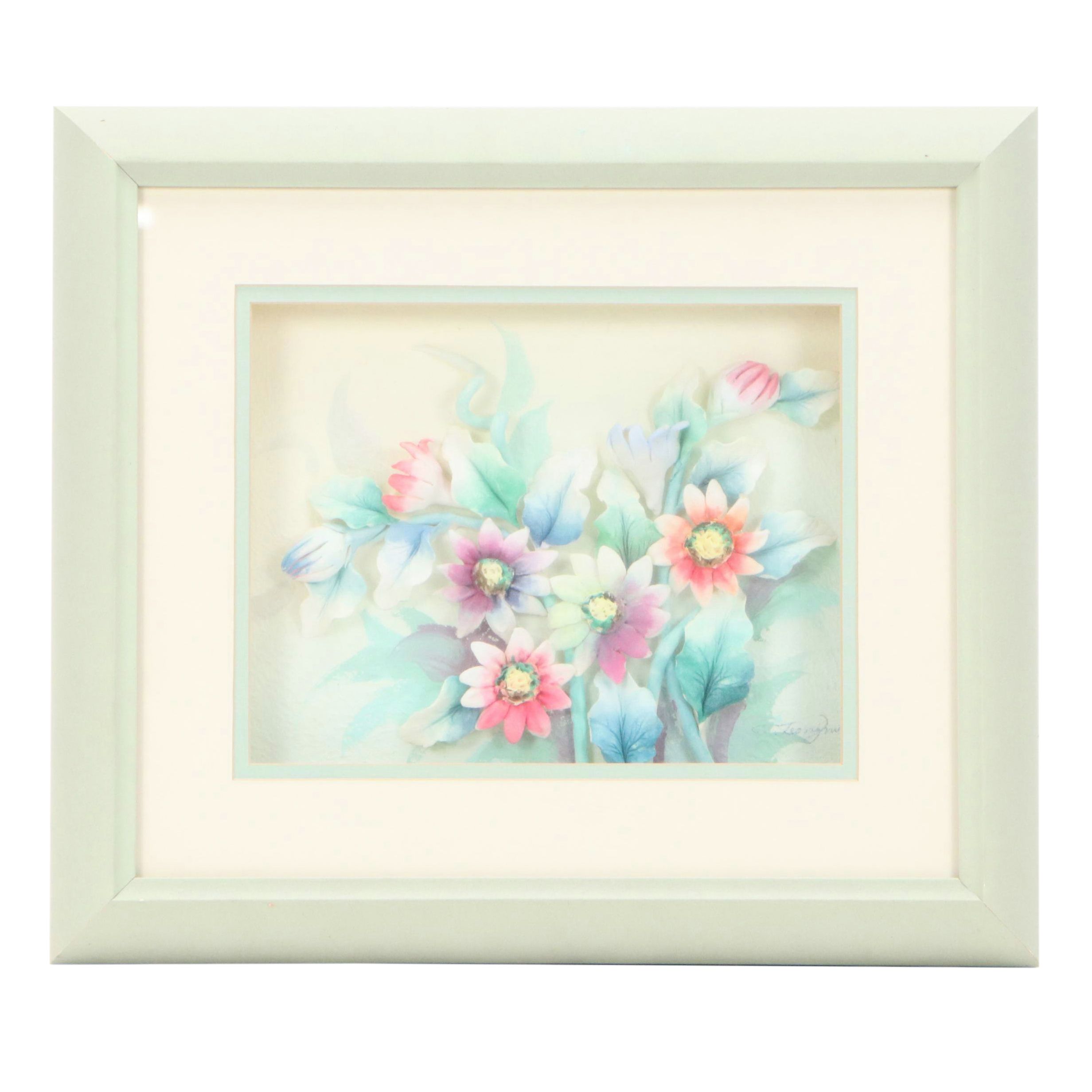 Dimensional Foam Watercolor Floral Art, Late 20th Century