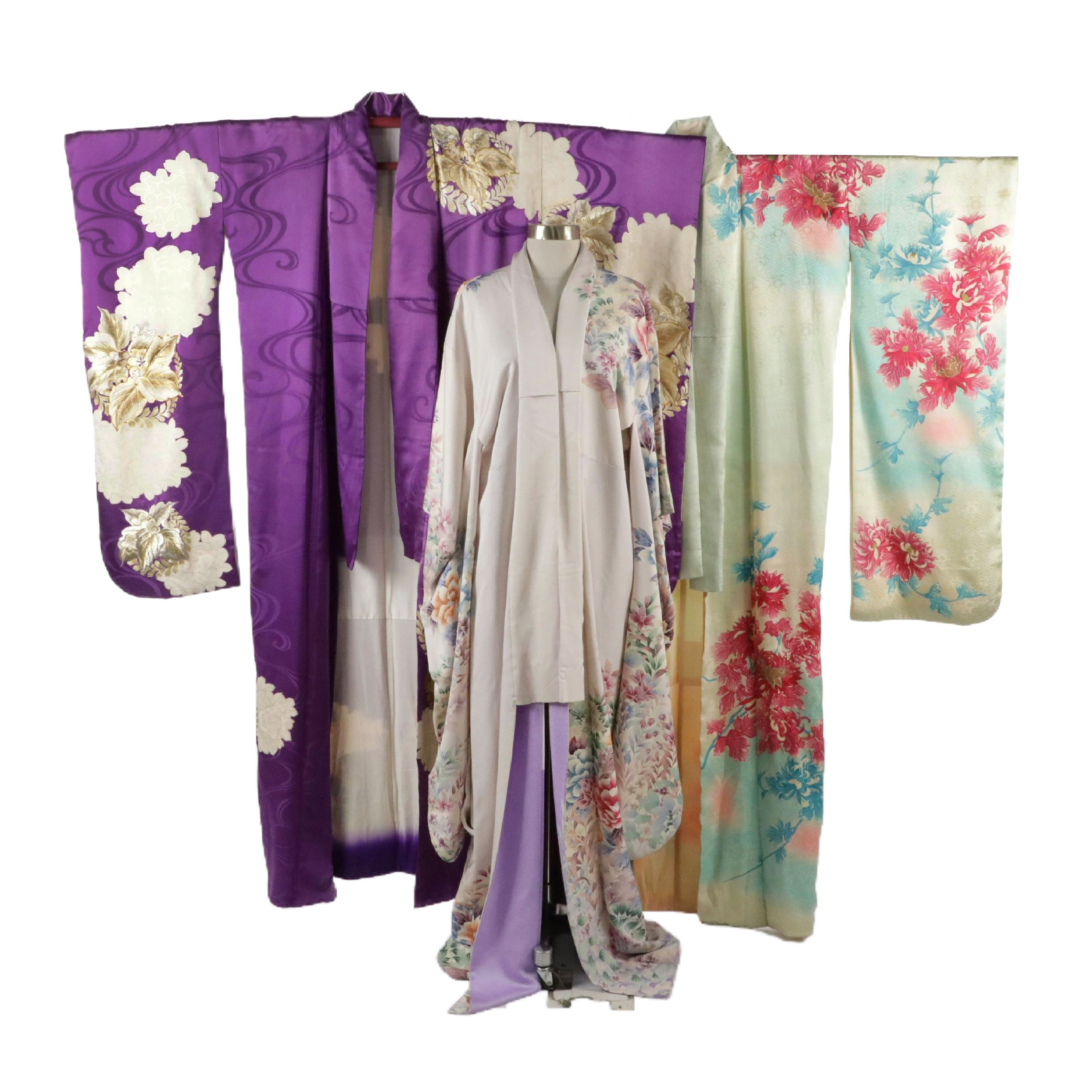 Japanese Furisode Kimono in Silk with Hand-Painting and Embroidery