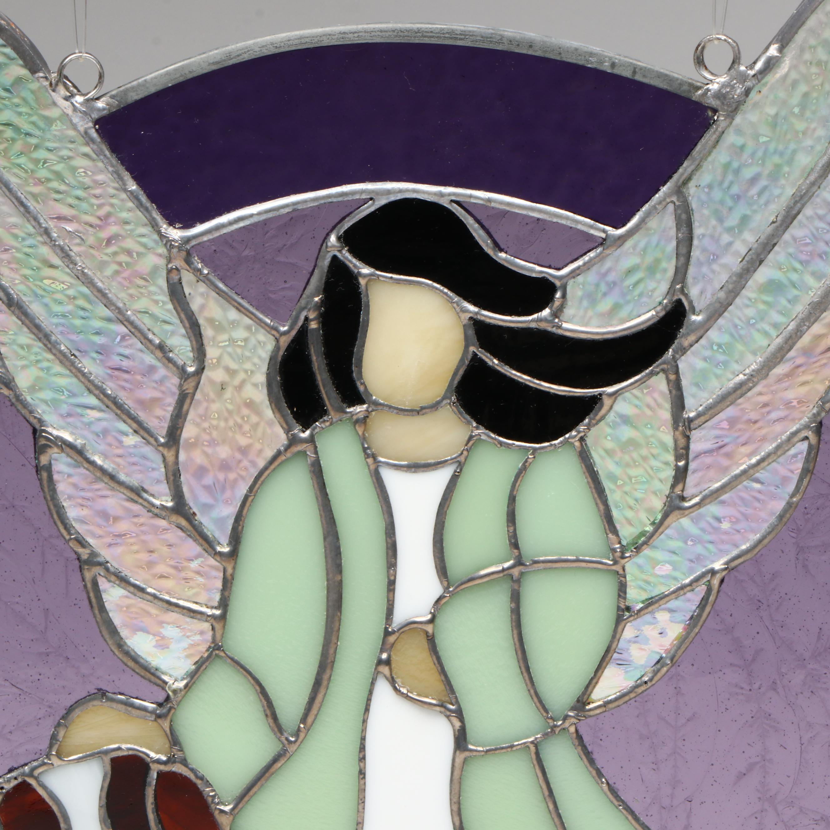 Artist Signed Angel and St. Bernard Stained Glass Hanging Panel, 2011