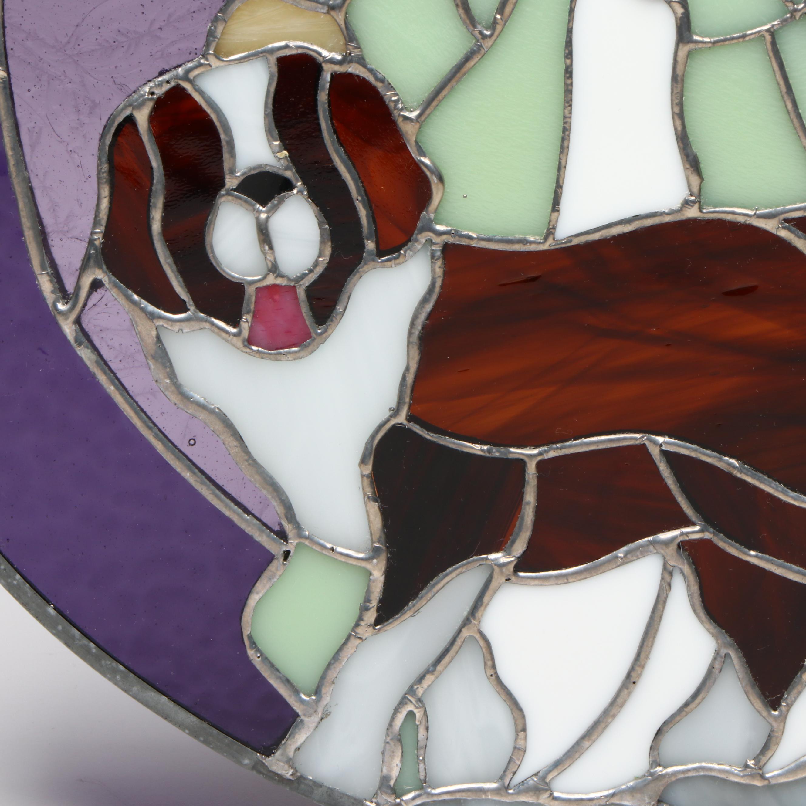 Artist Signed Angel and St. Bernard Stained Glass Hanging Panel, 2011