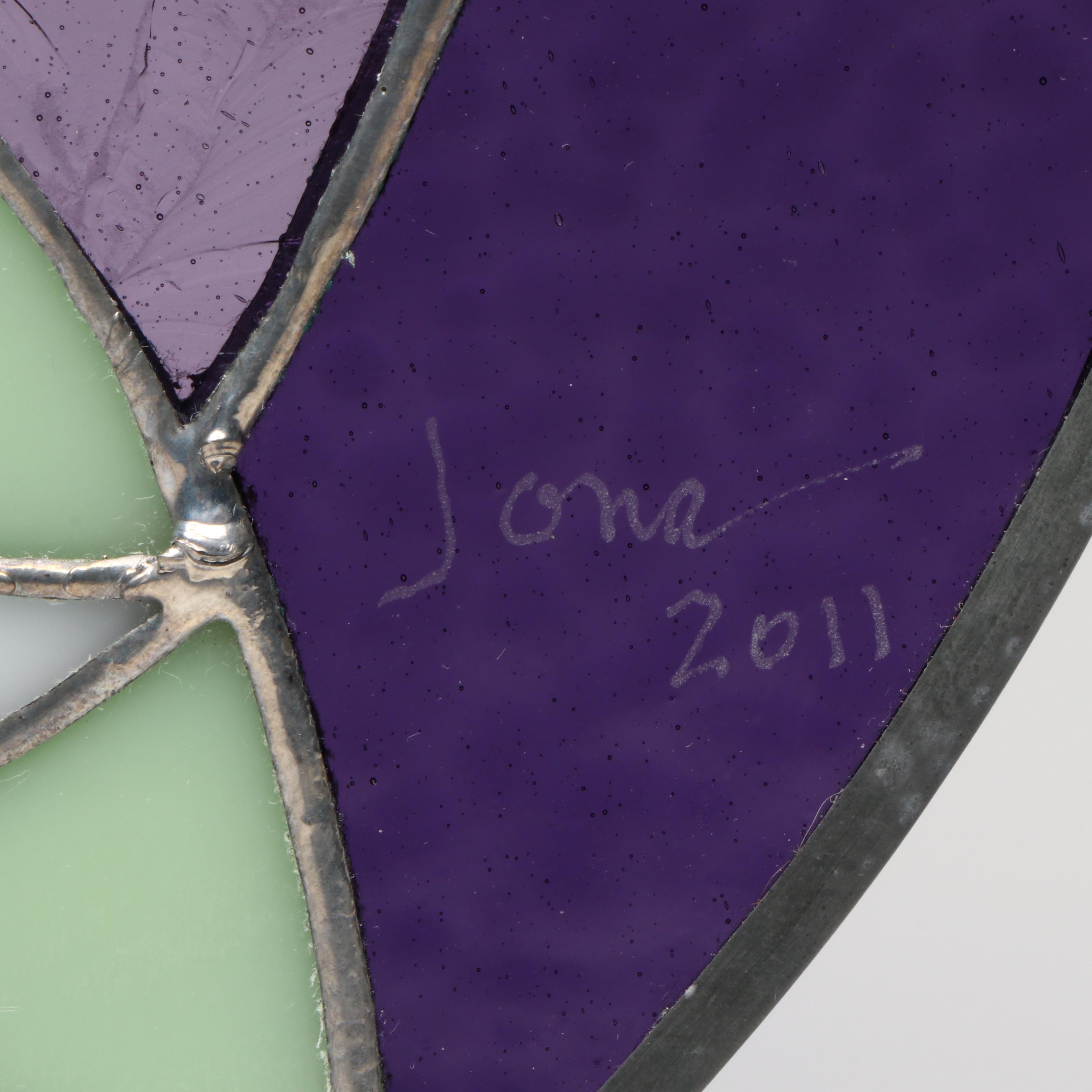 Artist Signed Angel and St. Bernard Stained Glass Hanging Panel, 2011