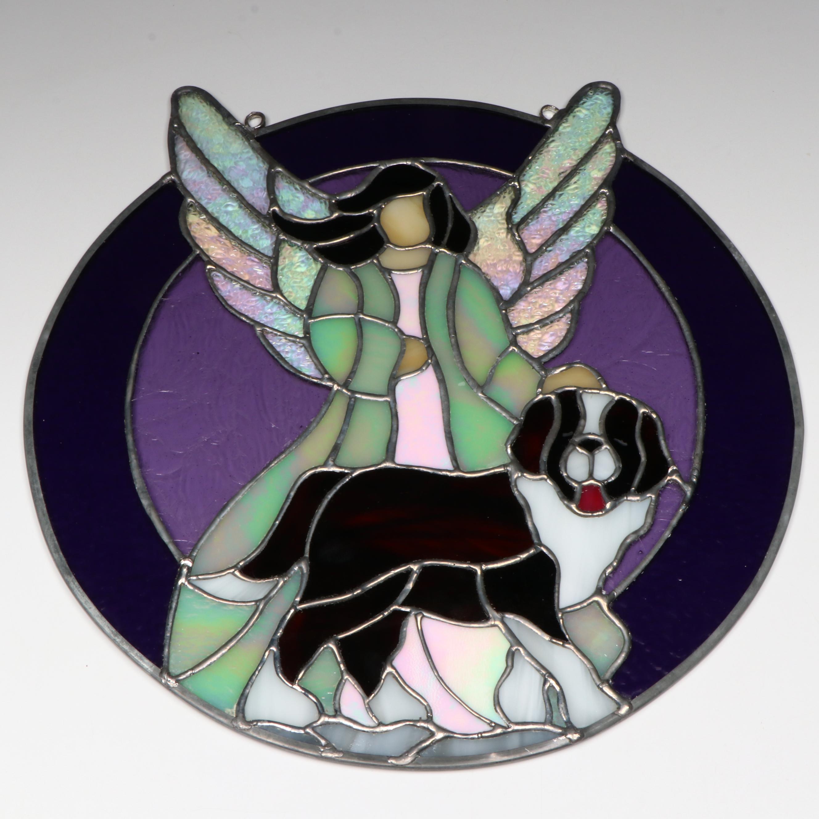 Artist Signed Angel and St. Bernard Stained Glass Hanging Panel, 2011