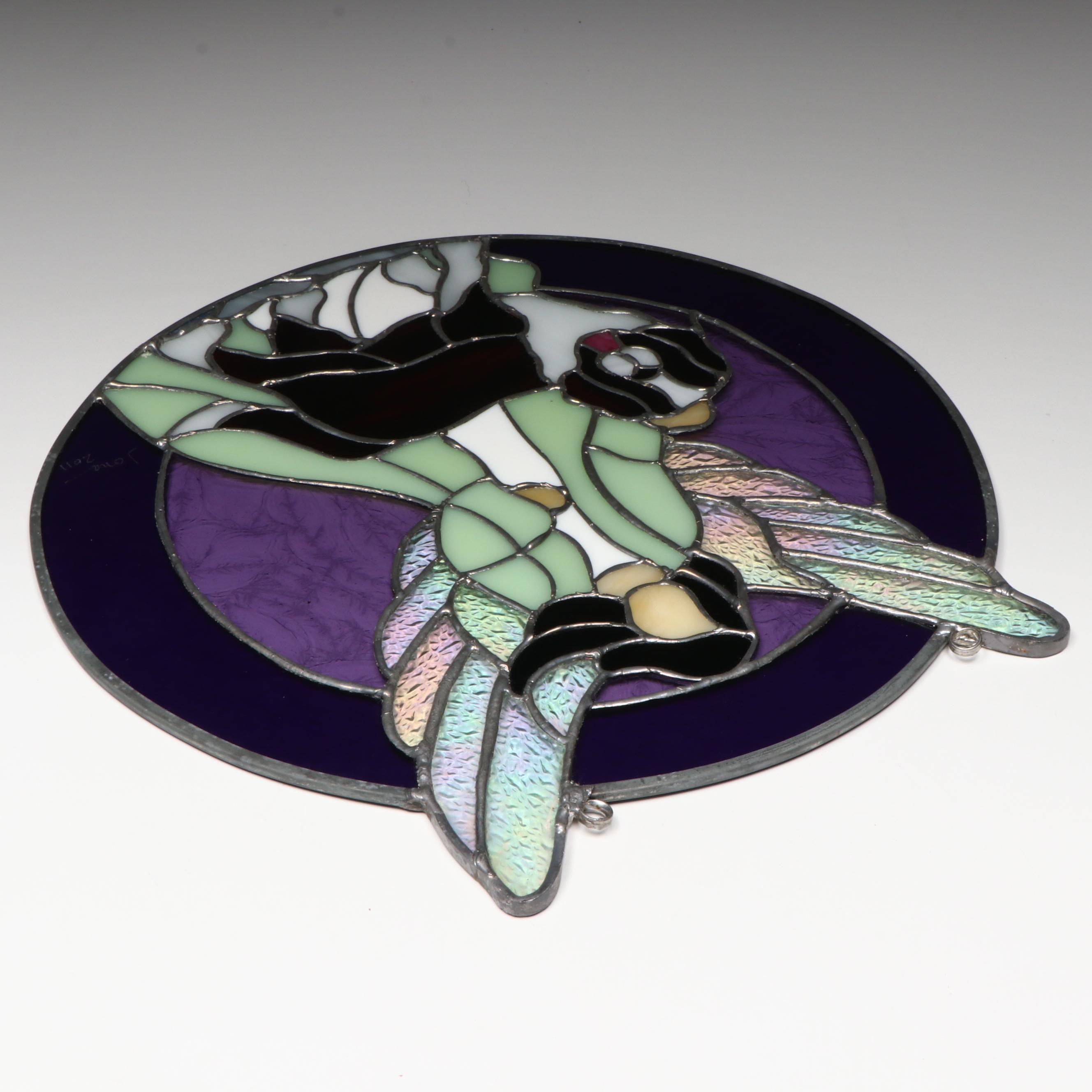 Artist Signed Angel and St. Bernard Stained Glass Hanging Panel, 2011