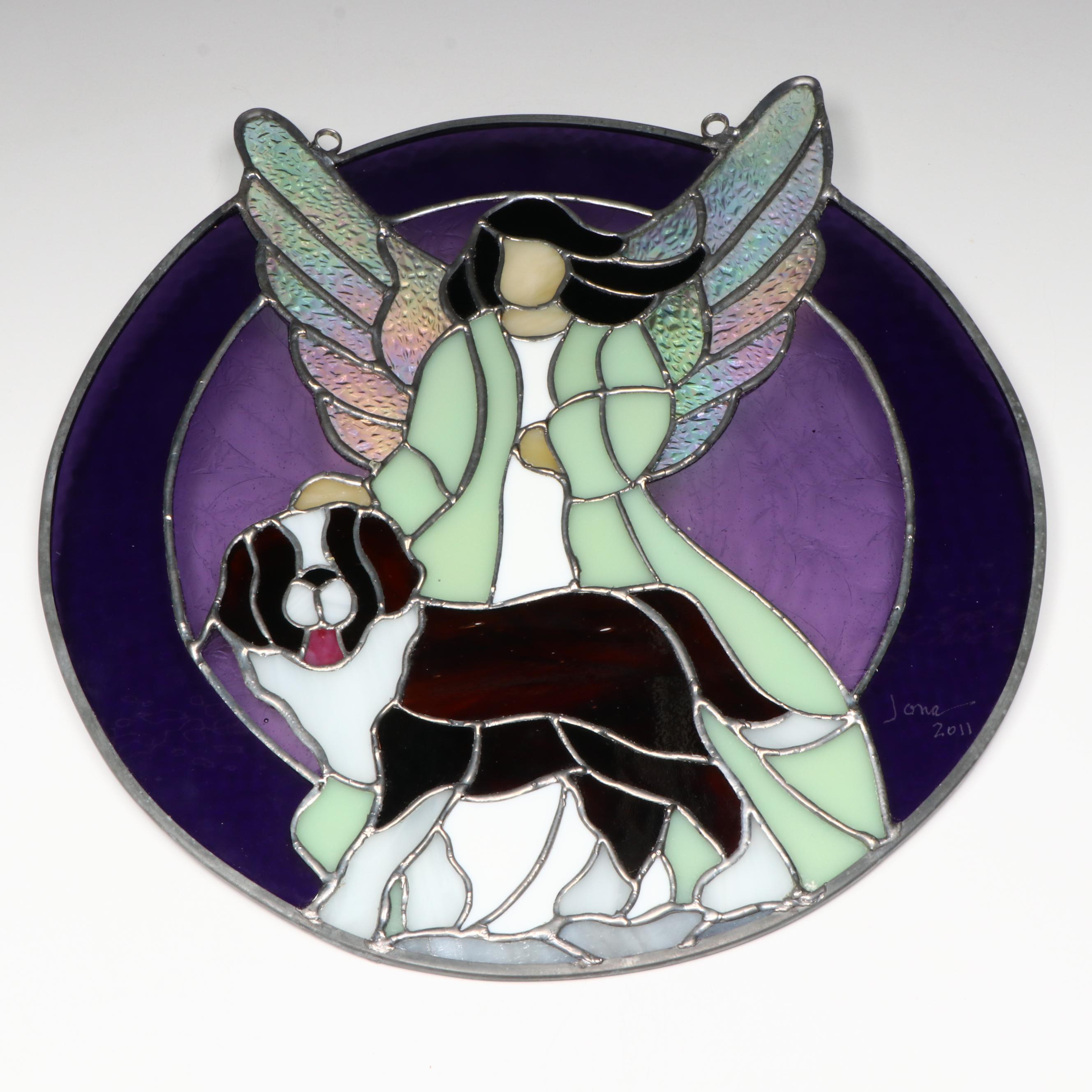 Artist Signed Angel and St. Bernard Stained Glass Hanging Panel, 2011