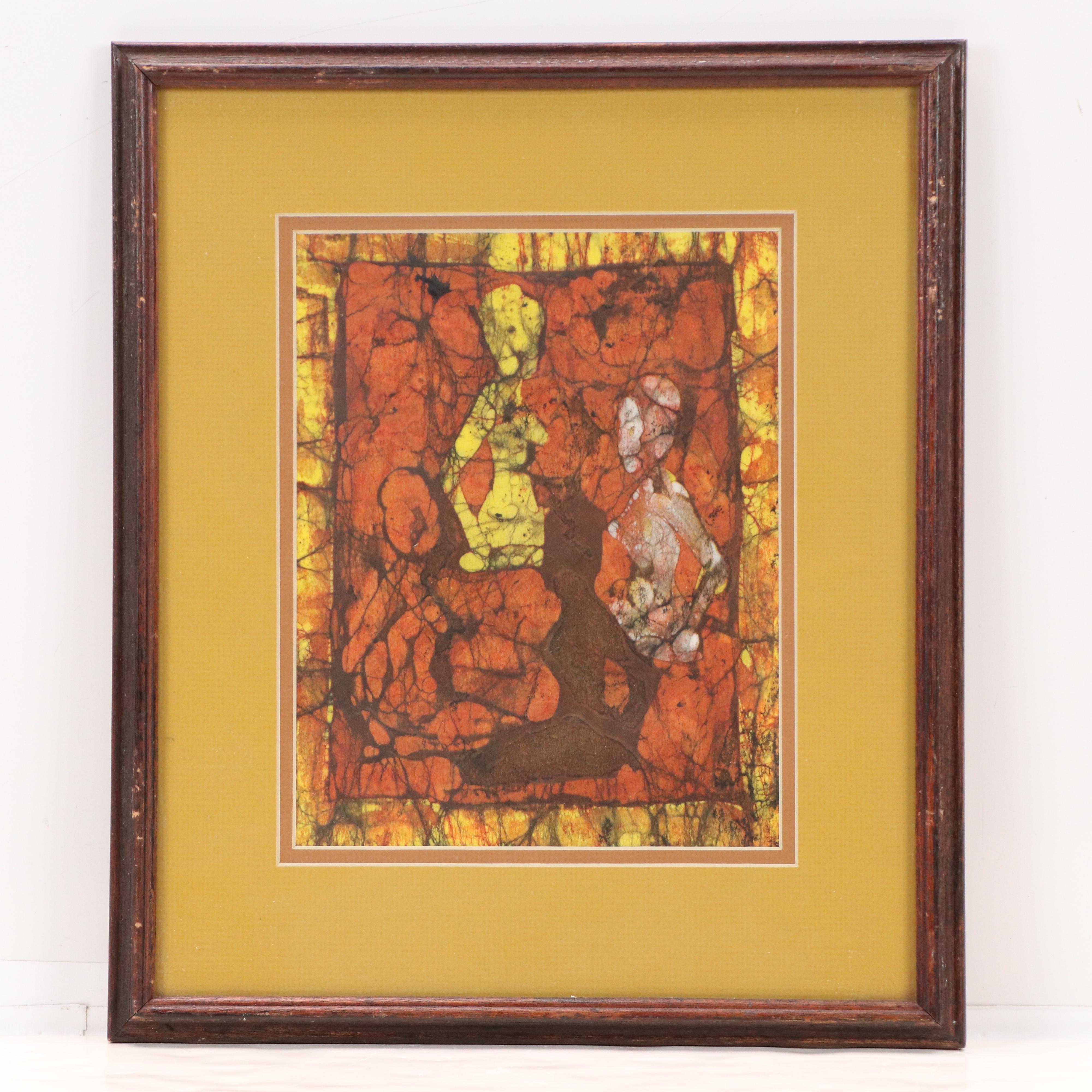 Abstract Batik Style Watercolors With Silhouetted Figures, Late 20th Century