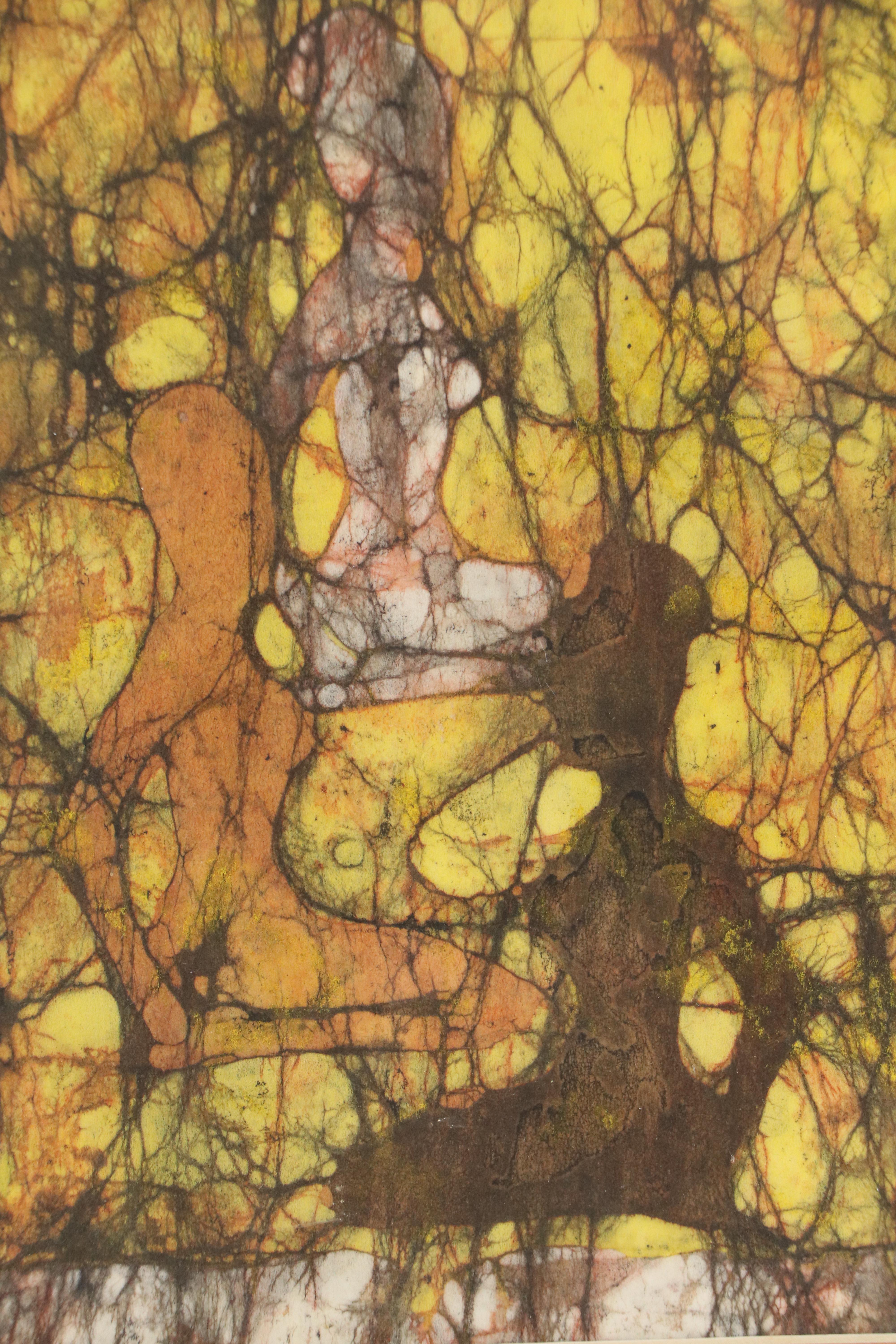 Abstract Batik Style Watercolors With Silhouetted Figures, Late 20th Century