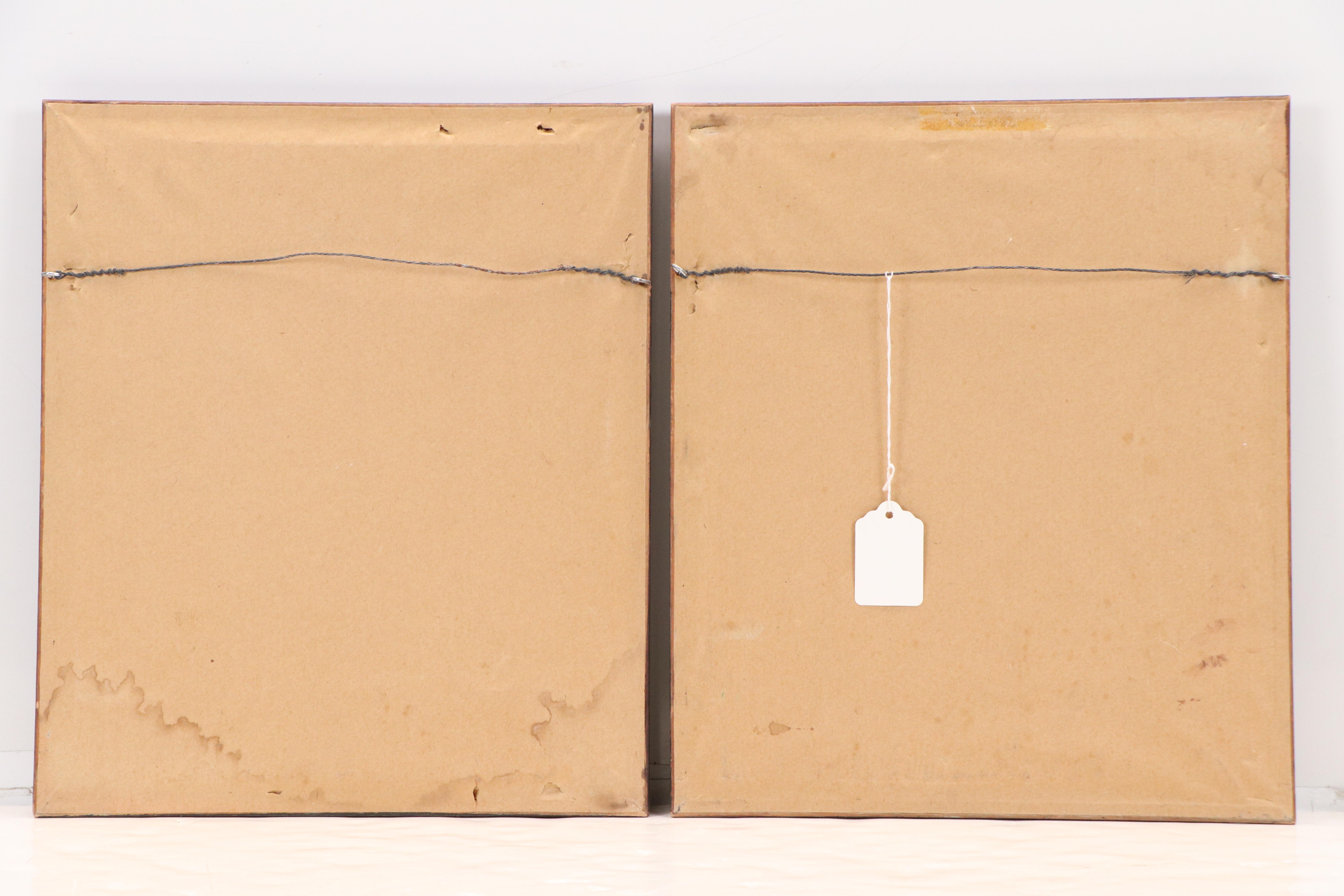 Abstract Batik Style Watercolors With Silhouetted Figures, Late 20th Century