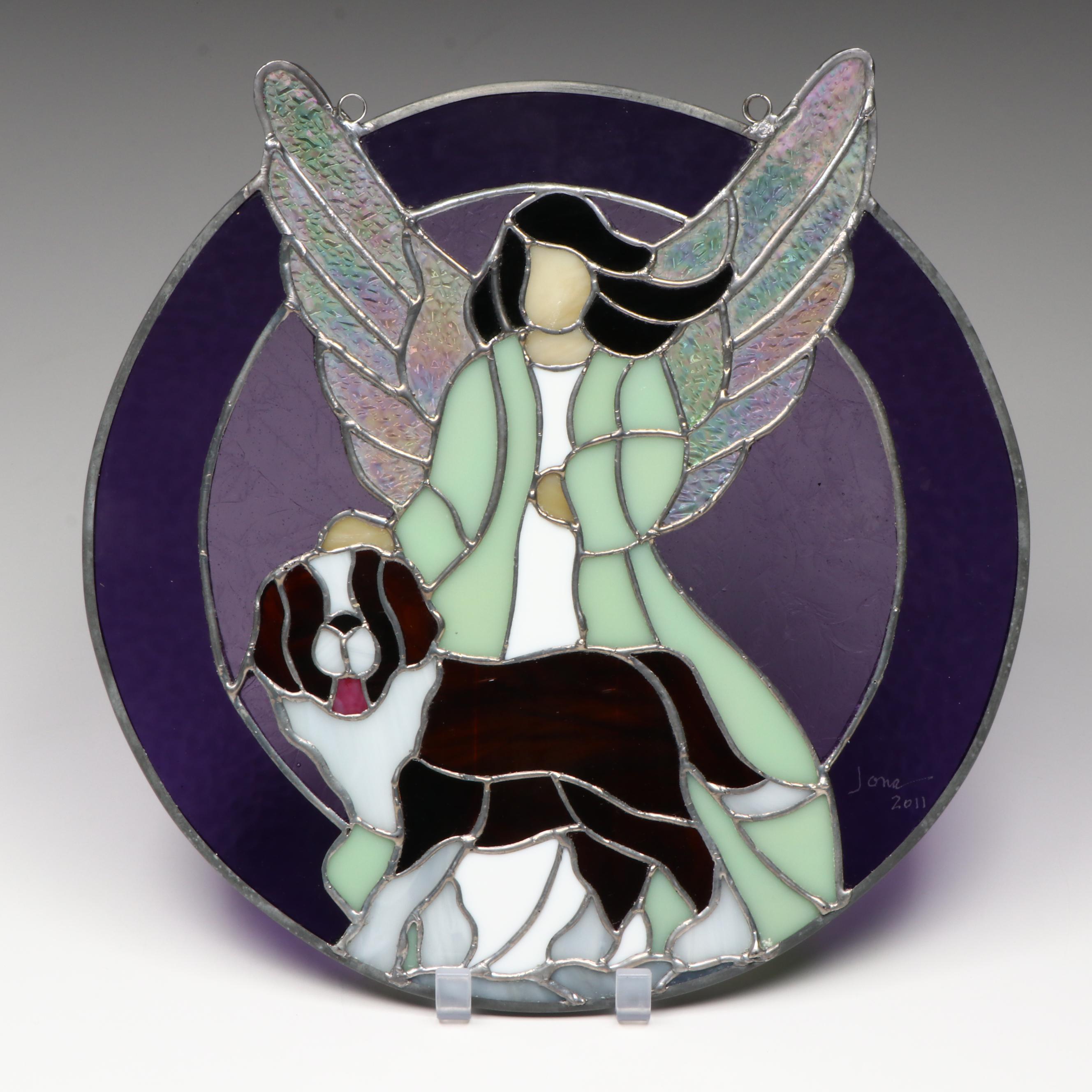 Artist Signed Angel and St. Bernard Stained Glass Hanging Panel, 2011