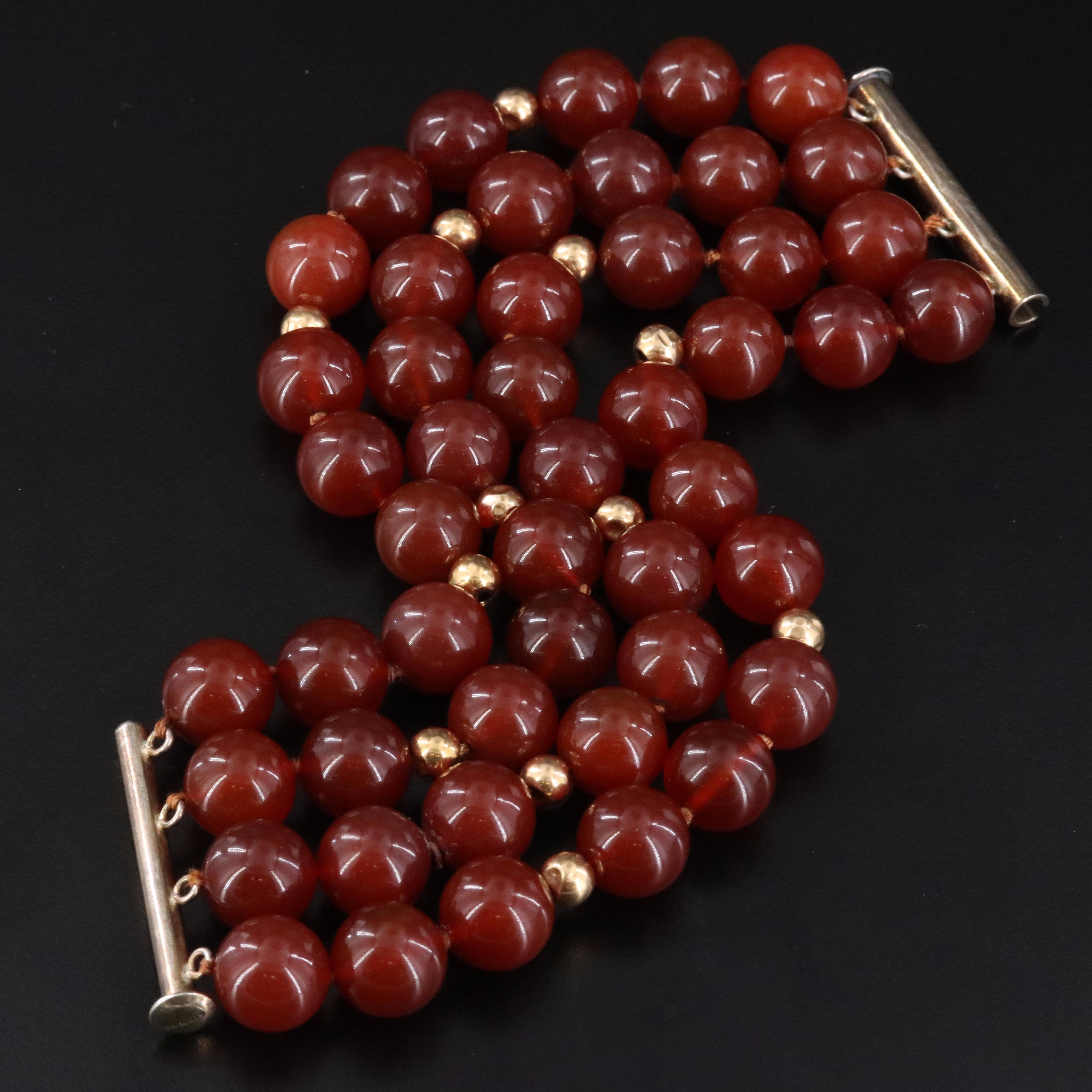 Sard Bead Bracelet with 14K Station Beads and Sterling Clasp