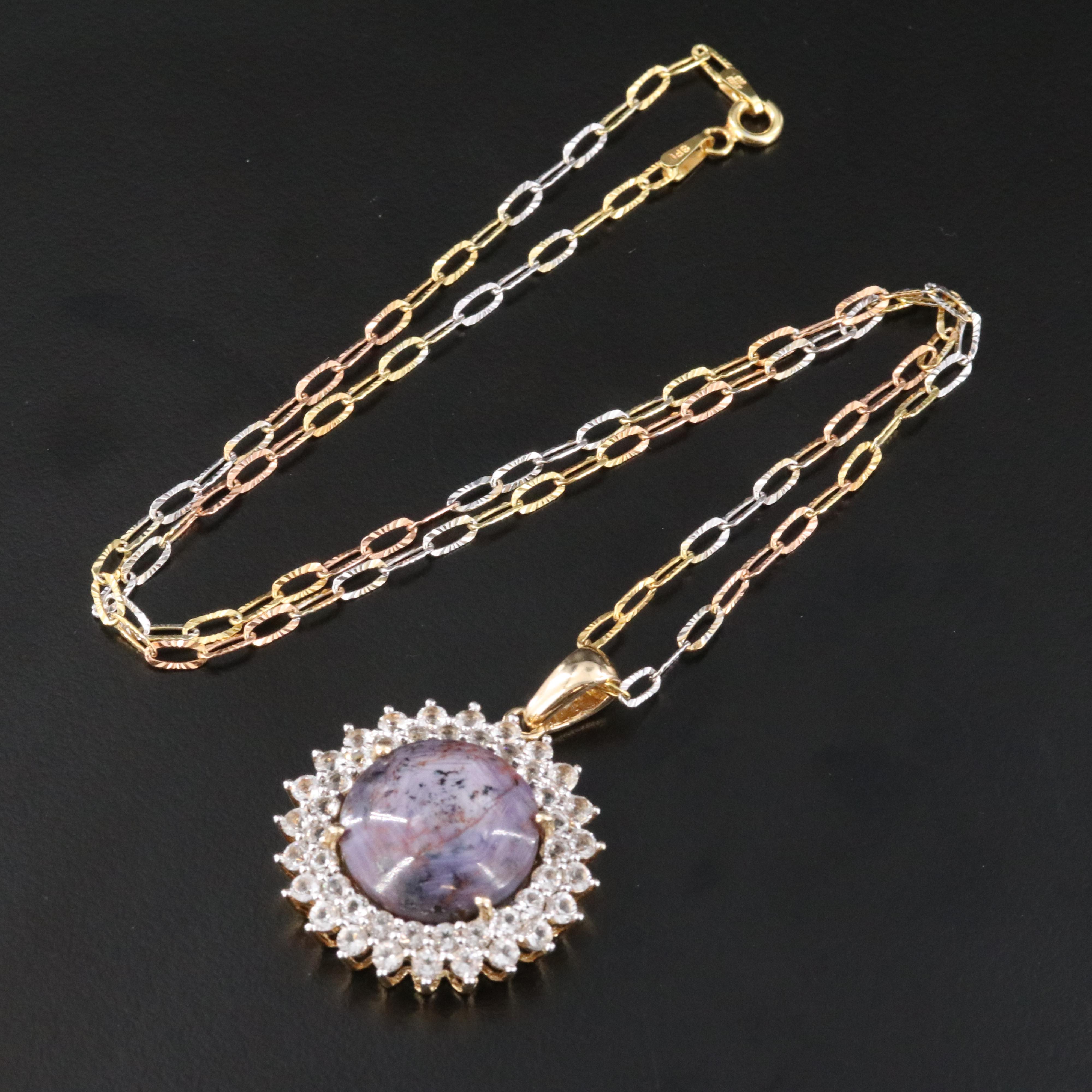 Sterling Sapphire and White Topaz Pendant with Tri-Color Necklace