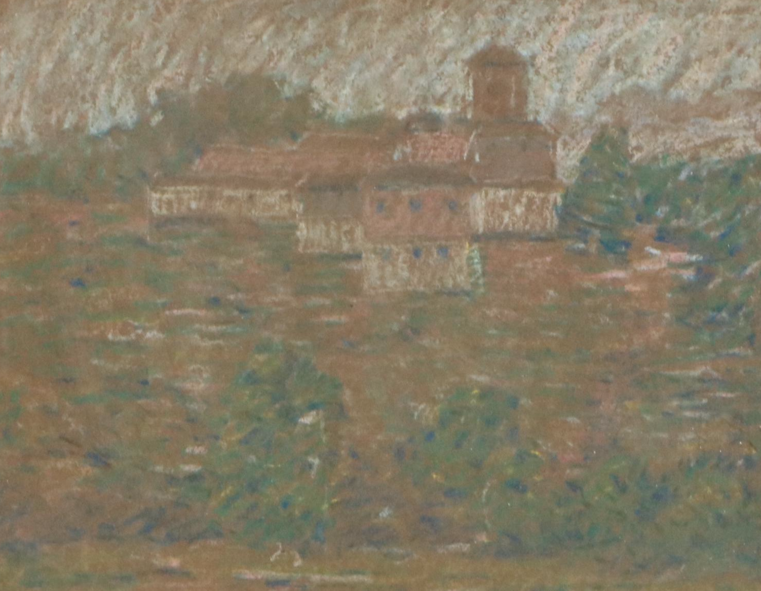 European Farmhouse Landscape Pastel Drawing, Circa 1910