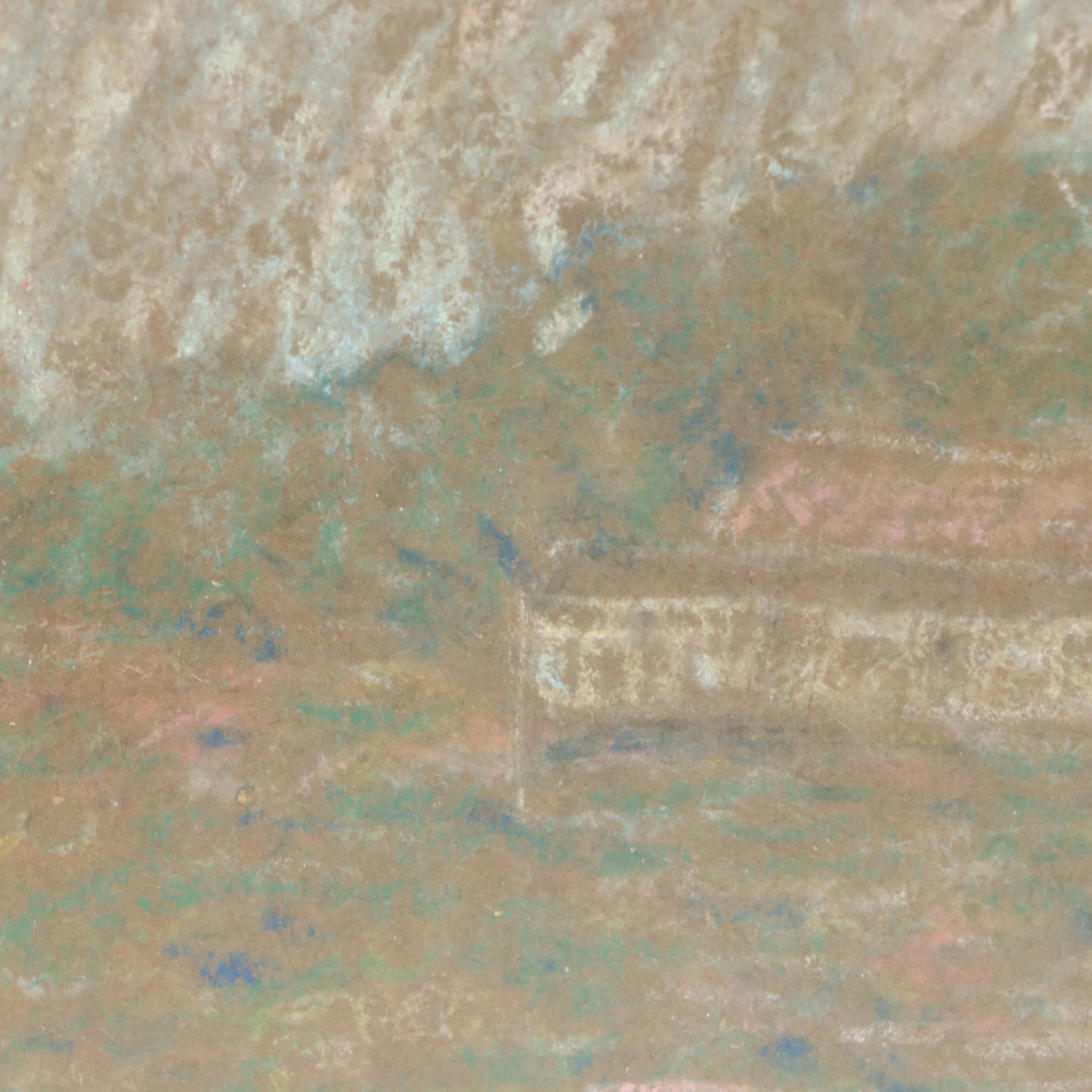 European Farmhouse Landscape Pastel Drawing, Circa 1910