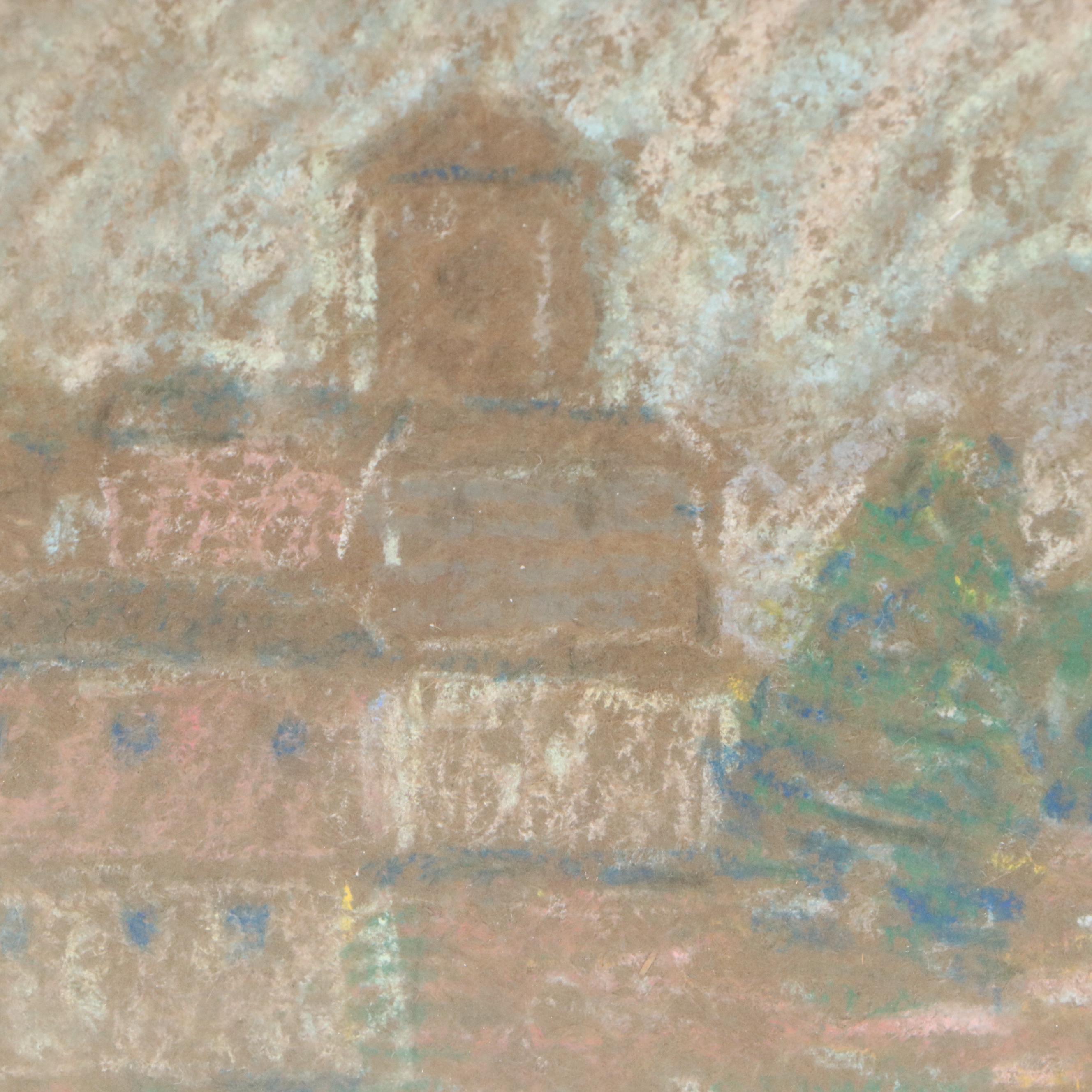 European Farmhouse Landscape Pastel Drawing, Circa 1910