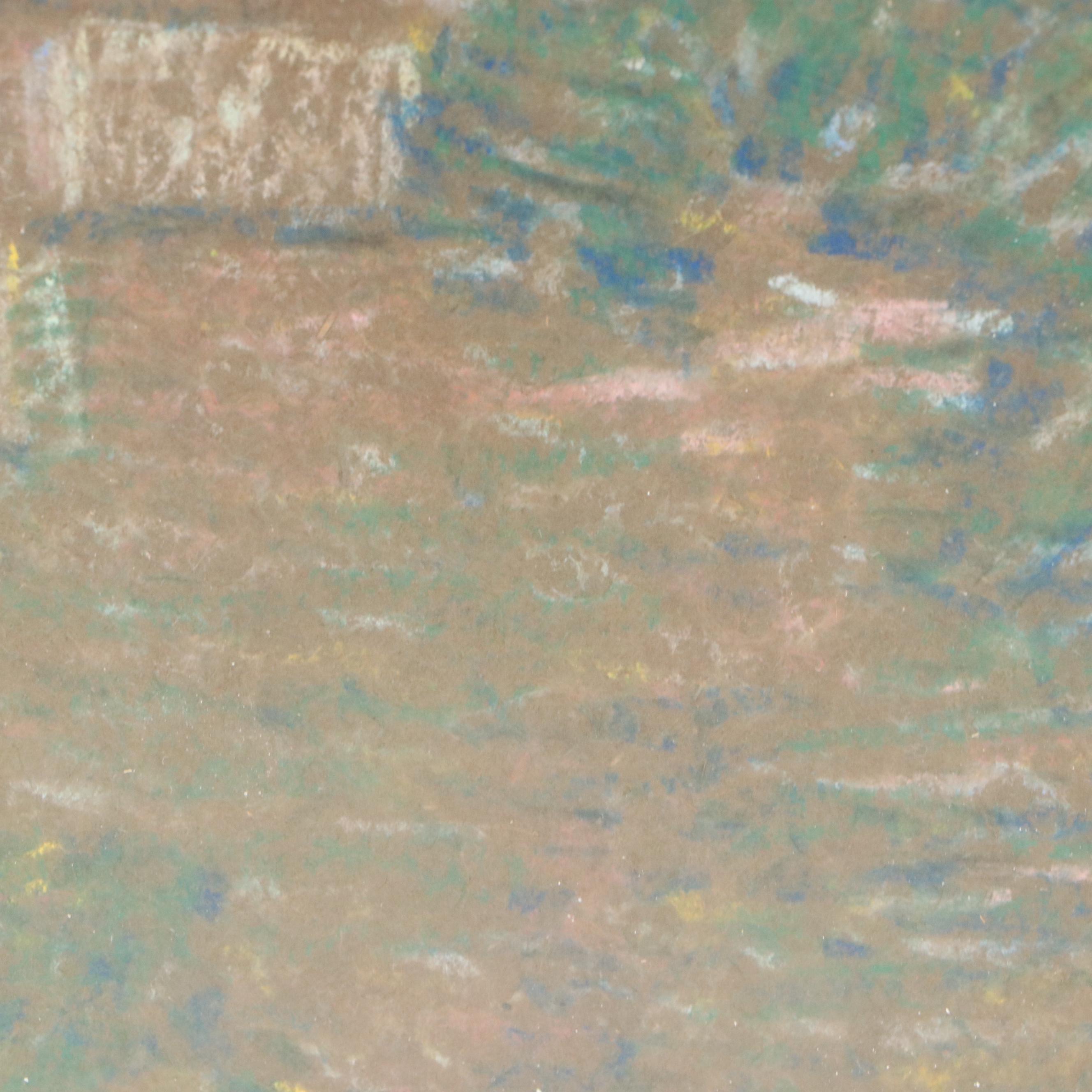 European Farmhouse Landscape Pastel Drawing, Circa 1910