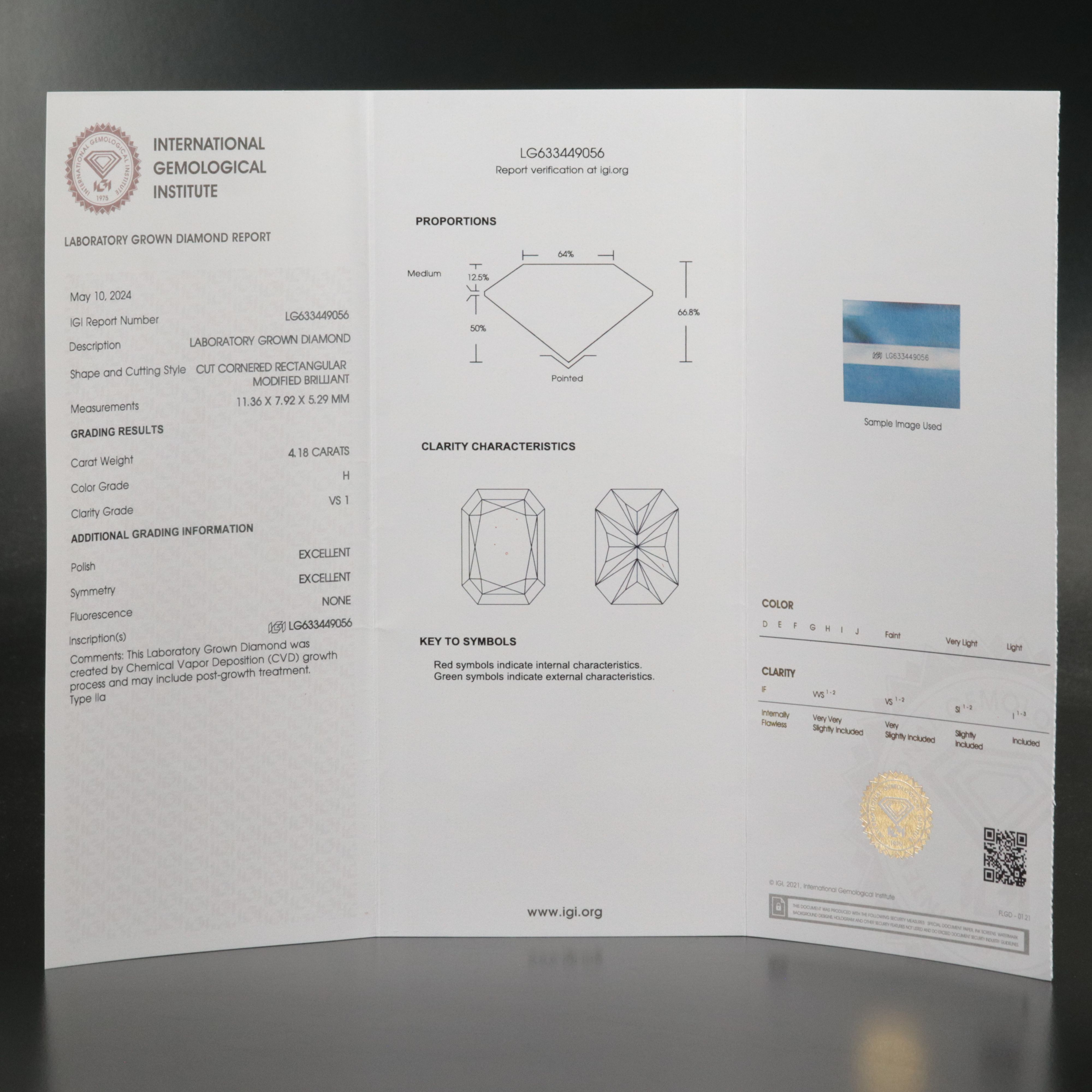 Loose 4.18 CT Lab Grown Diamond with IGI Report