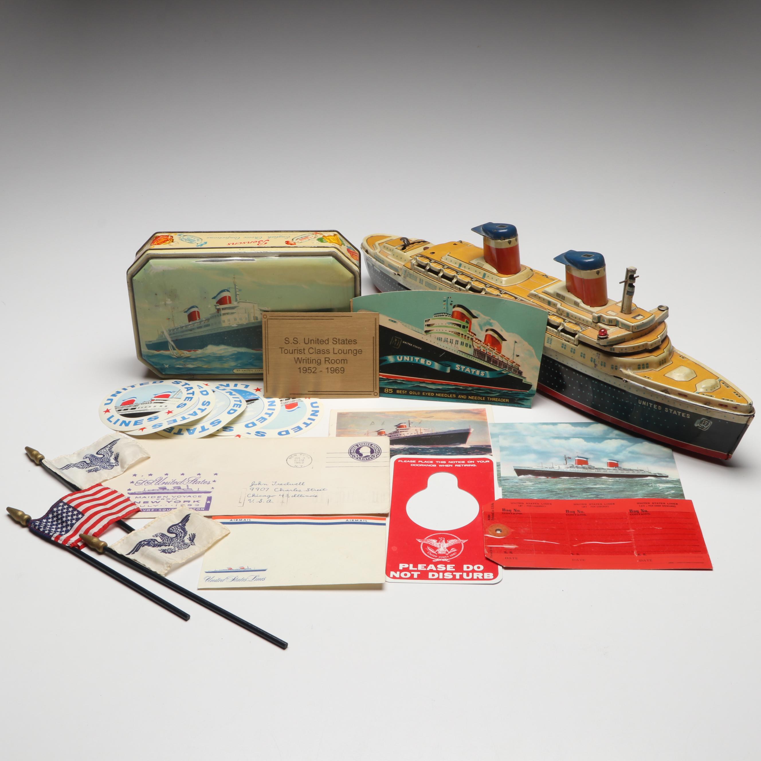 S.S. United States Tin Lithograph Toy, Postcards, Tin and More, Mid-20th Century