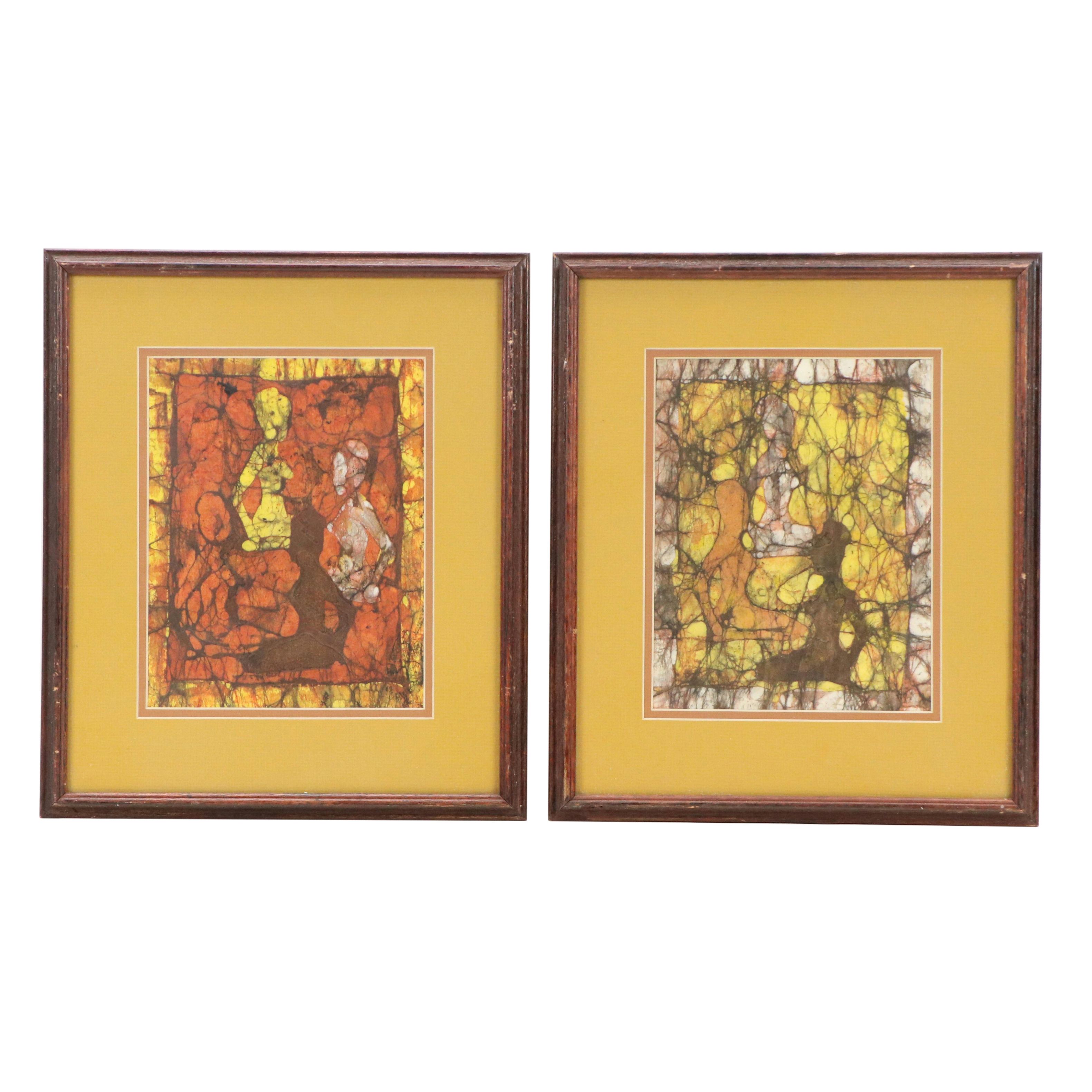 Abstract Batik Style Watercolors With Silhouetted Figures, Late 20th Century