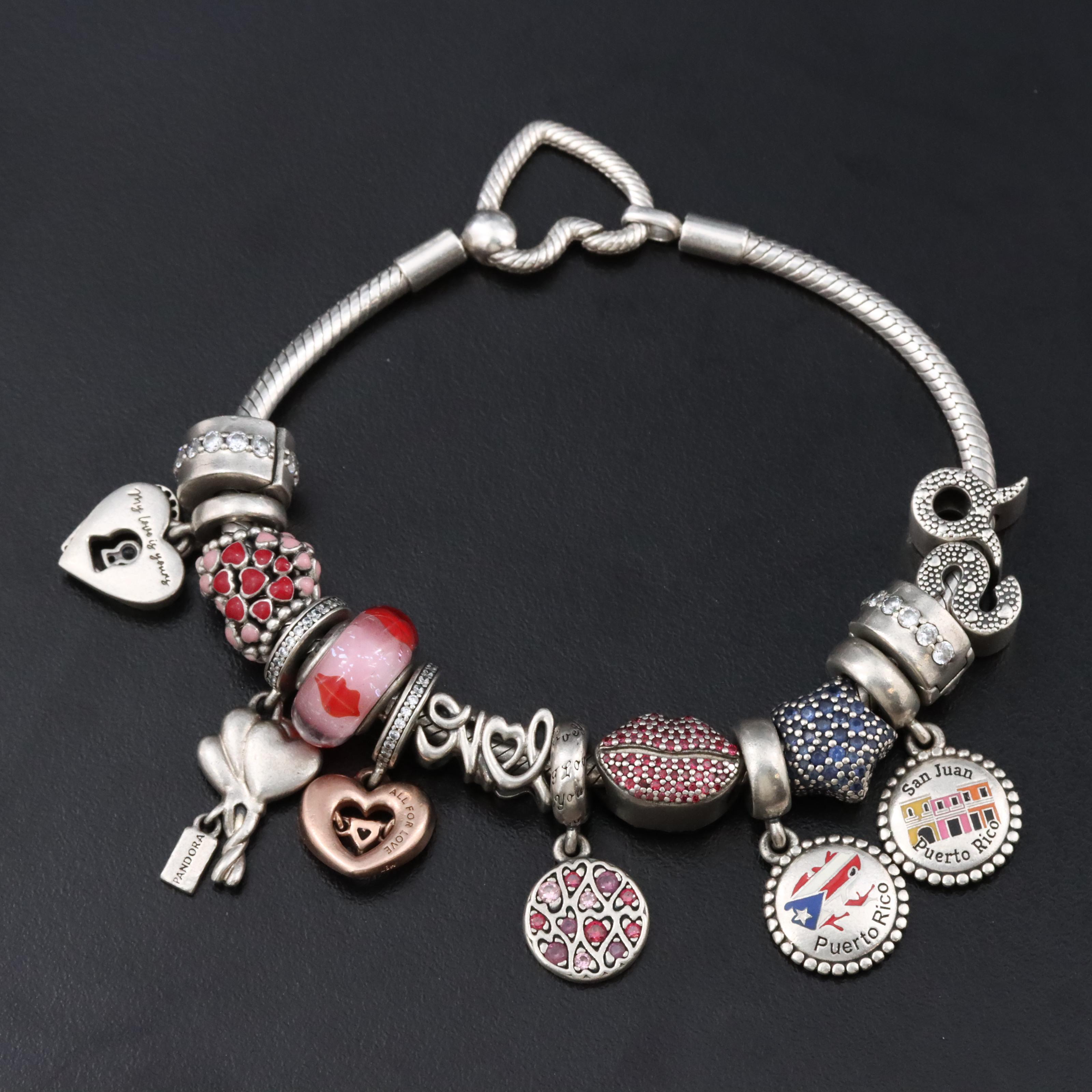 Pandora Sterling Bracelet and Charms with CZ, Enamel and Glass