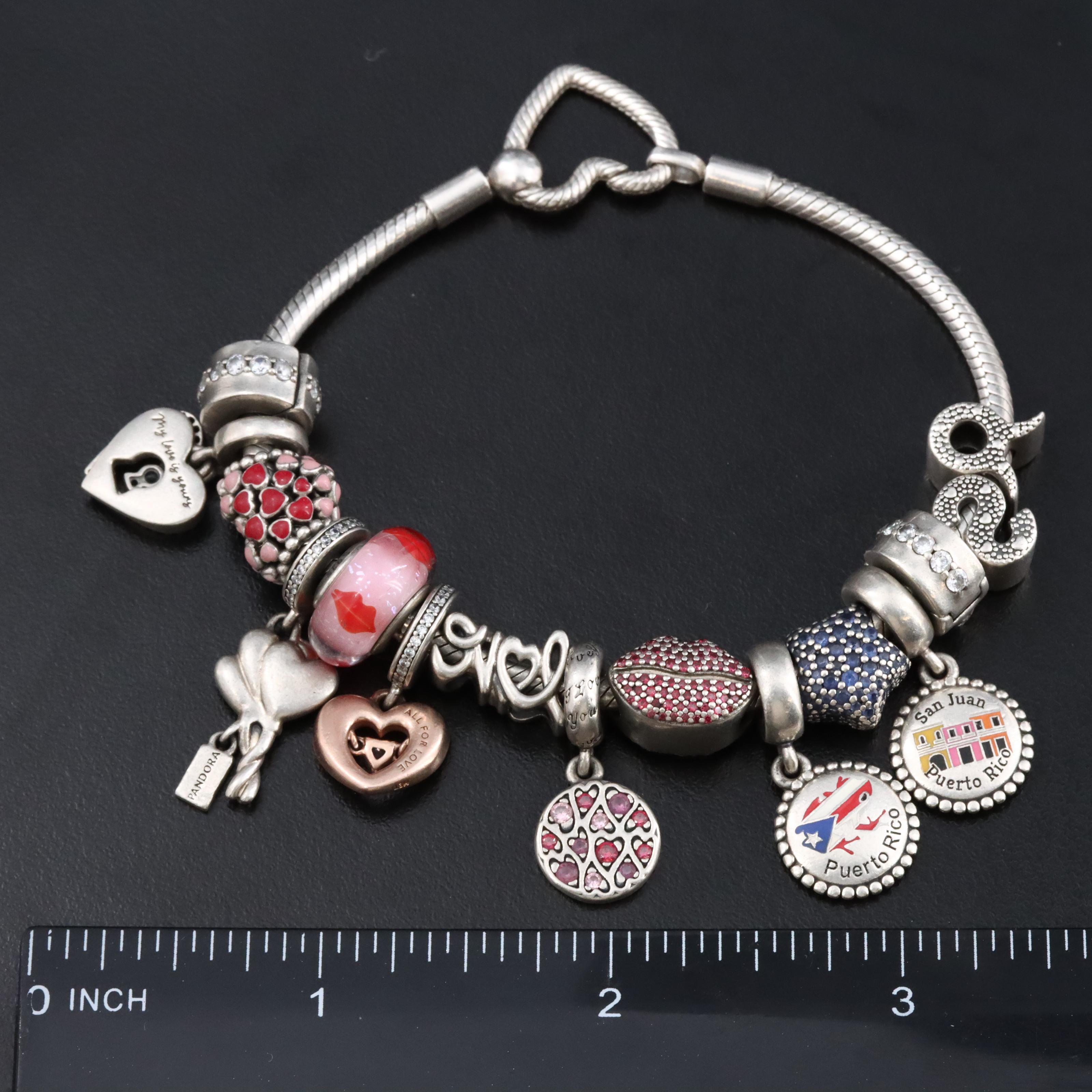 Pandora Sterling Bracelet and Charms with CZ, Enamel and Glass