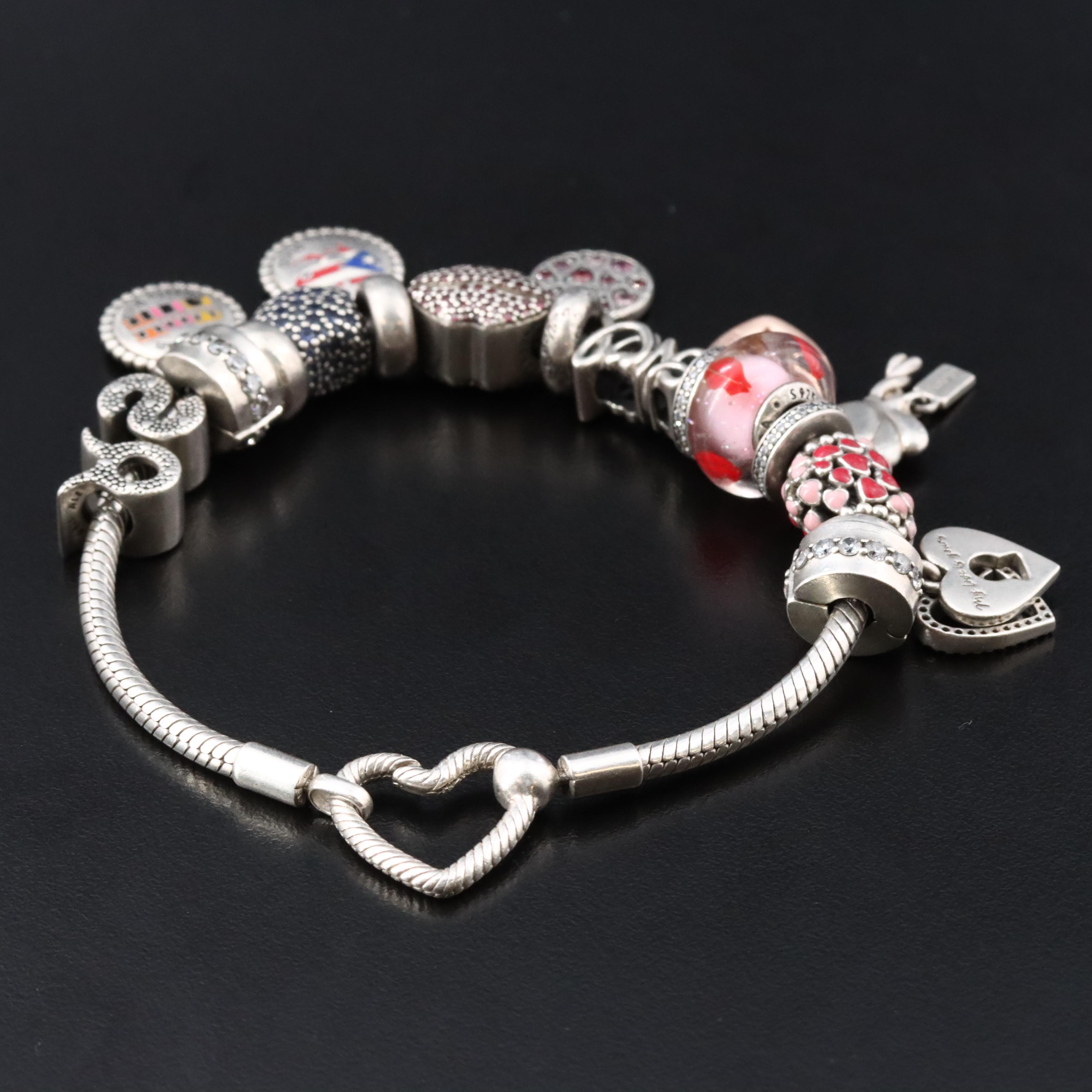 Pandora Sterling Bracelet and Charms with CZ, Enamel and Glass