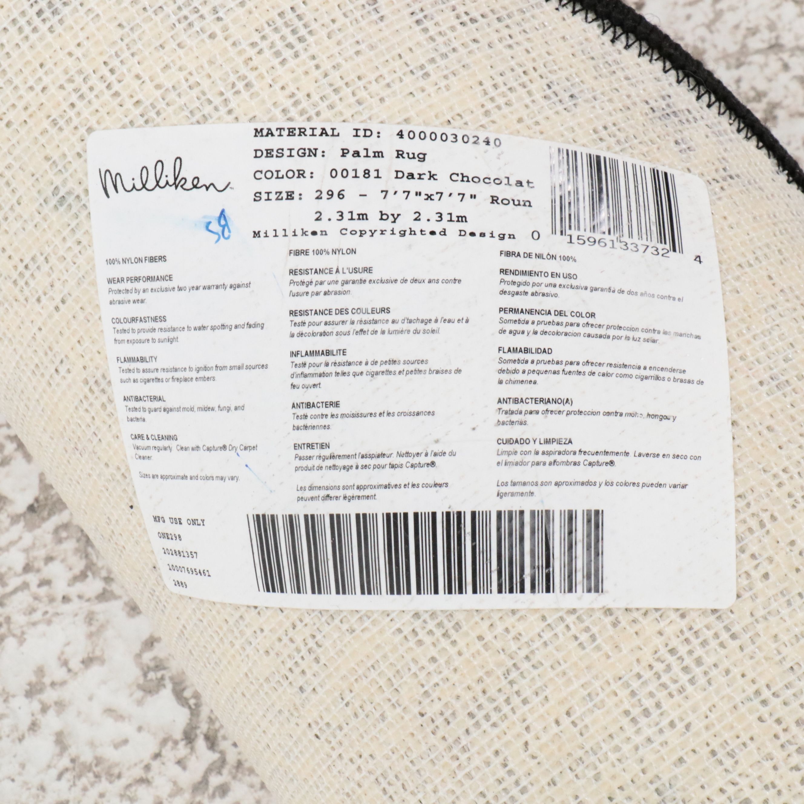 7'8 Round Machine Made Milliken "Palm" Area Rug