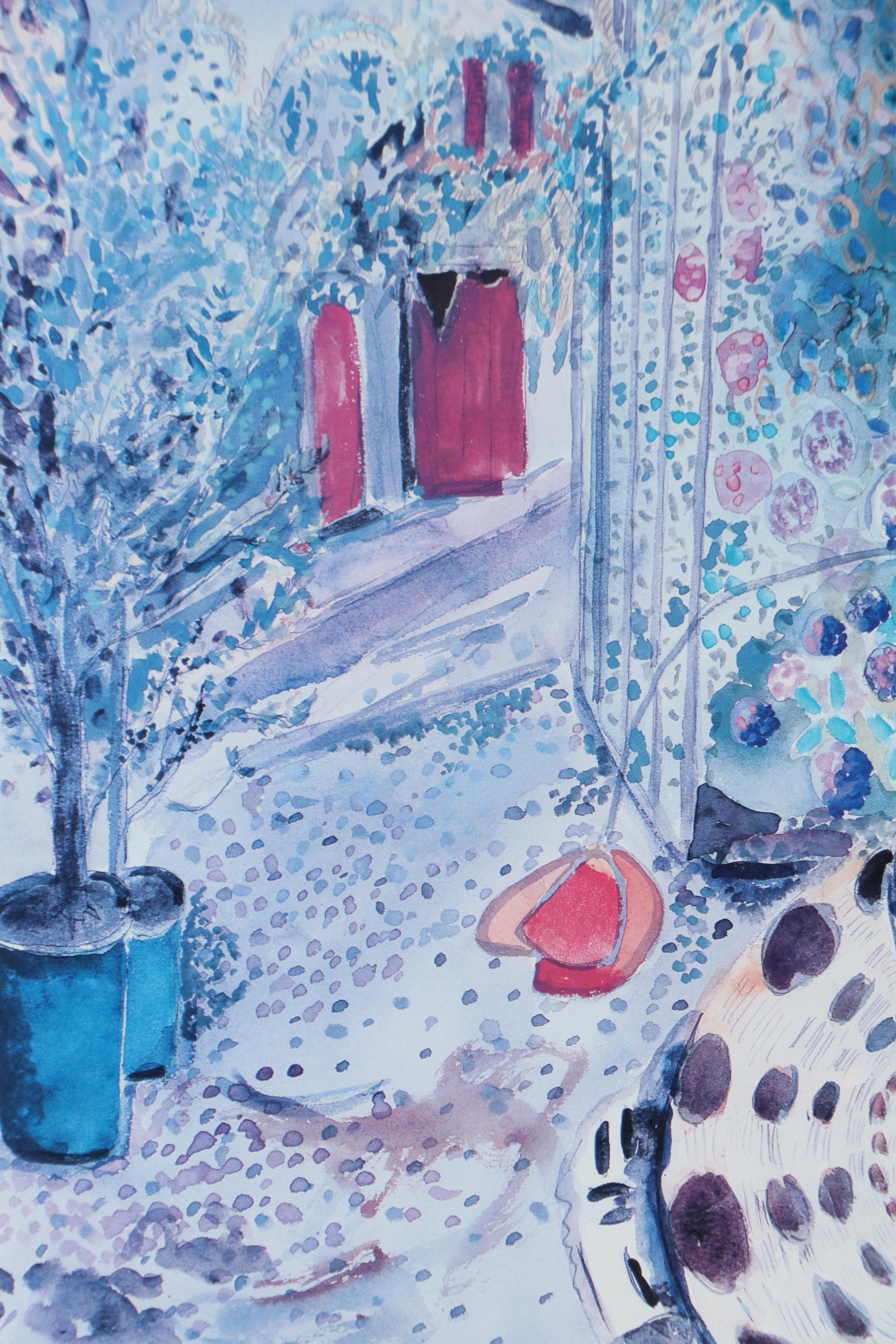 A. Minguet Offset Lithograph "Fleurs au Rideau Bleu Dans...," Late 20th C.