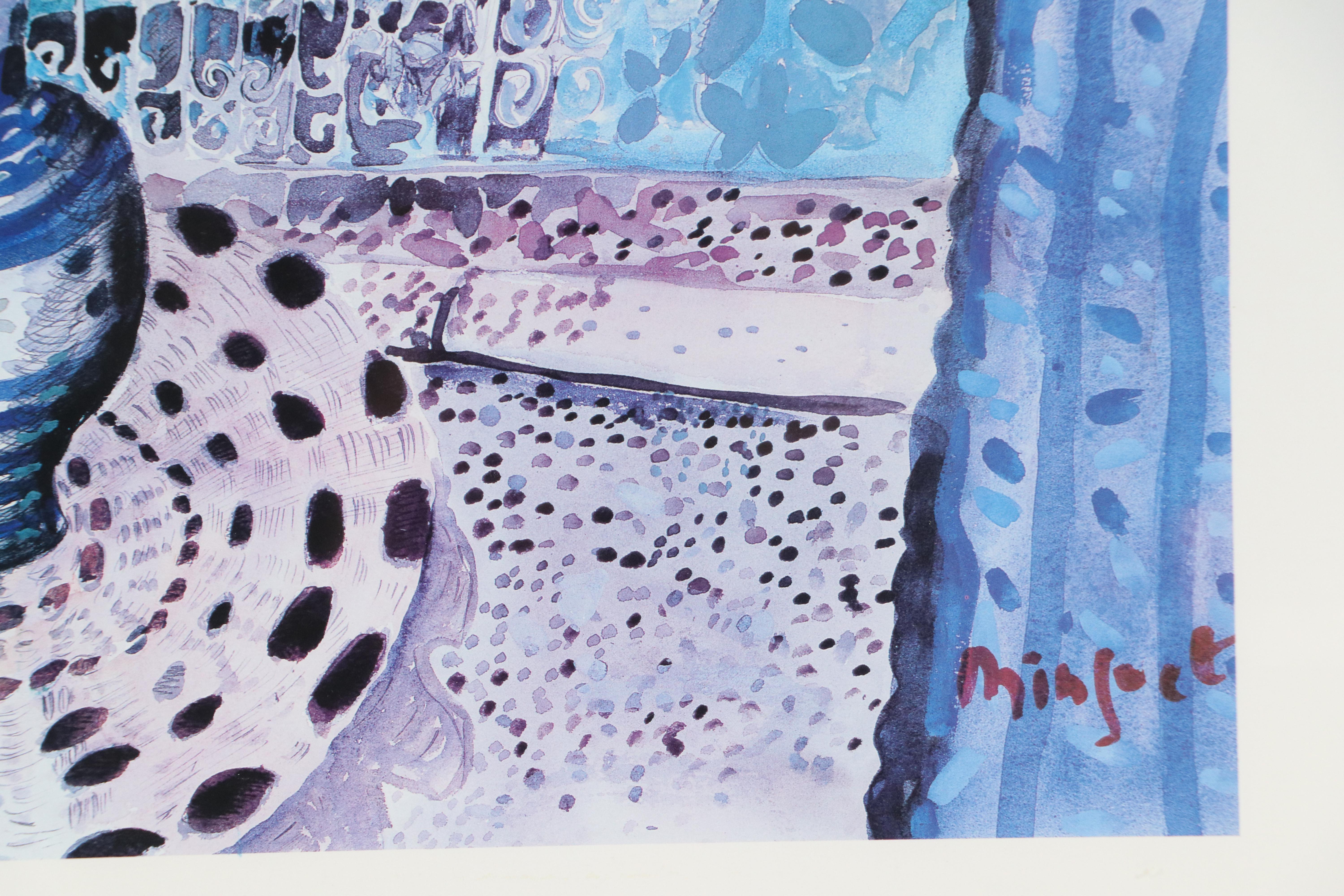 A. Minguet Offset Lithograph "Fleurs au Rideau Bleu Dans...," Late 20th C.
