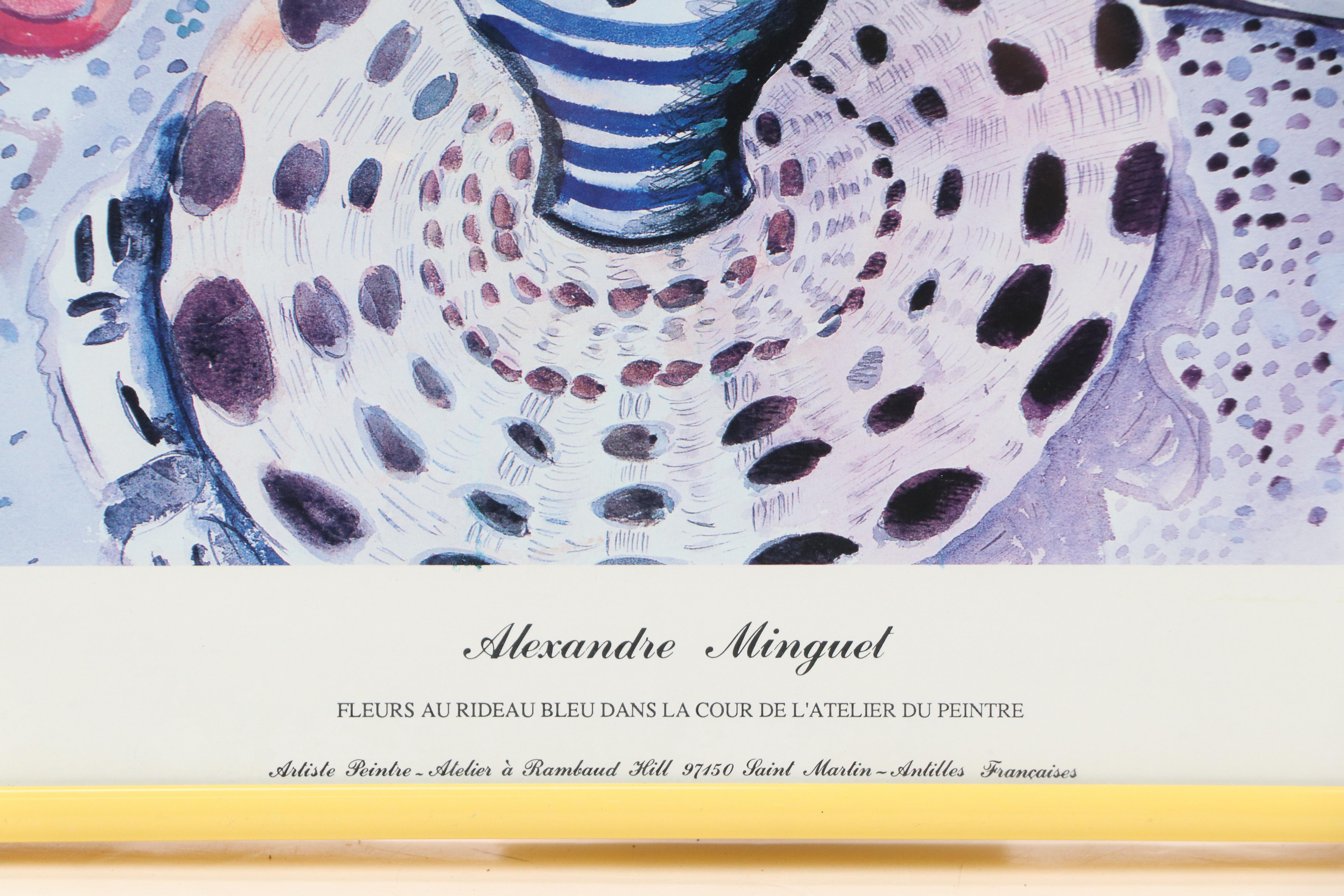 A. Minguet Offset Lithograph "Fleurs au Rideau Bleu Dans...," Late 20th C.