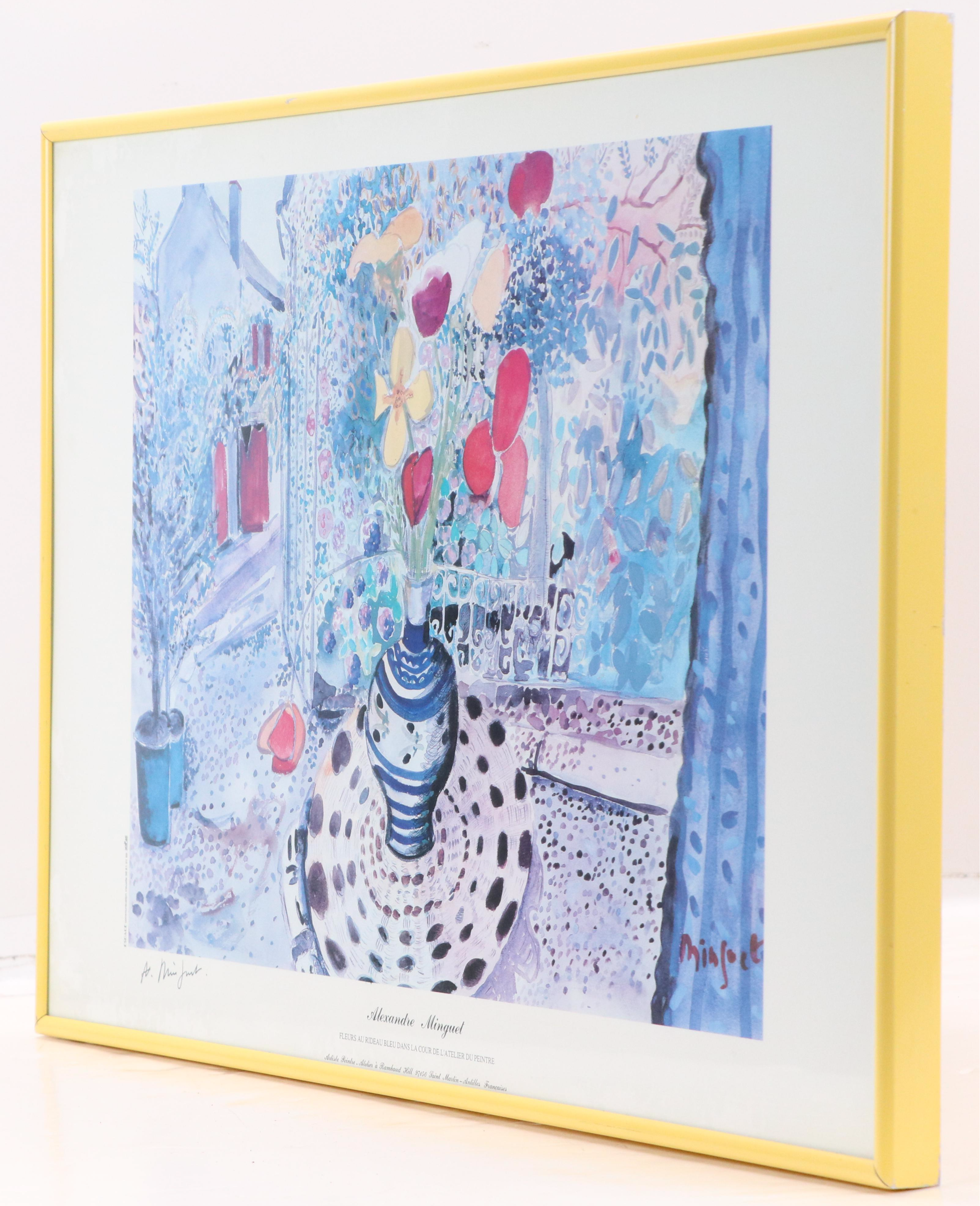 A. Minguet Offset Lithograph "Fleurs au Rideau Bleu Dans...," Late 20th C.