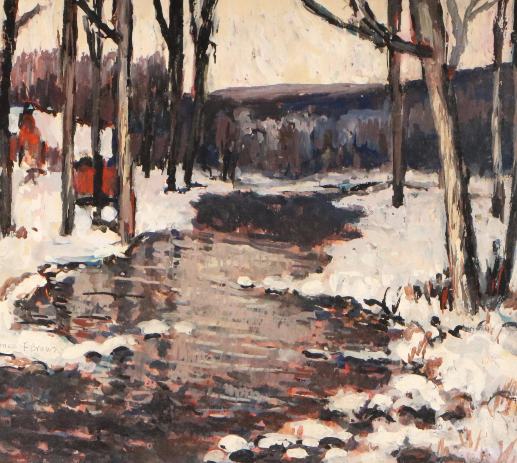 Francis F. Brown Gouache Painting of Winter River Landscape, 20th Century
