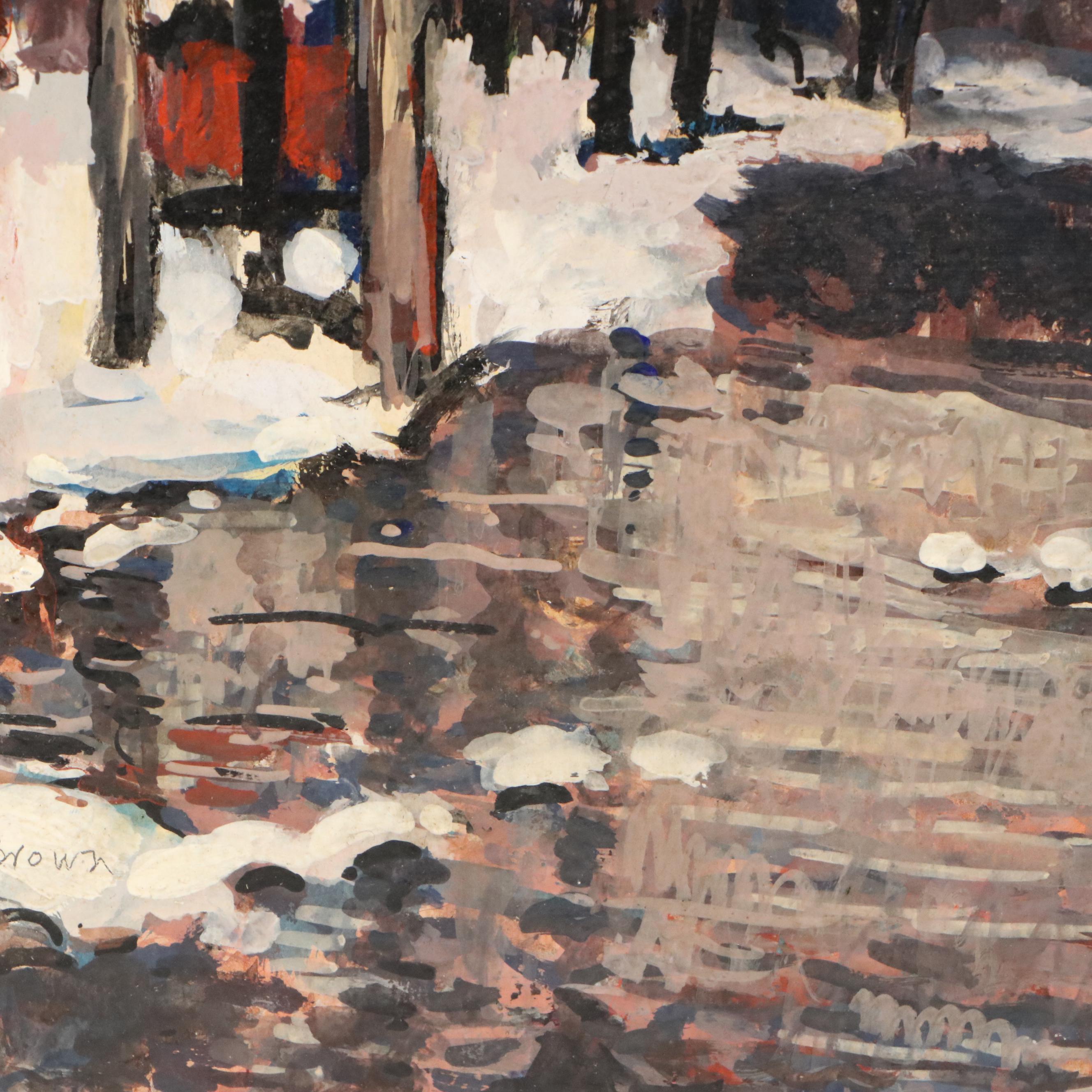 Francis F. Brown Gouache Painting of Winter River Landscape, 20th Century