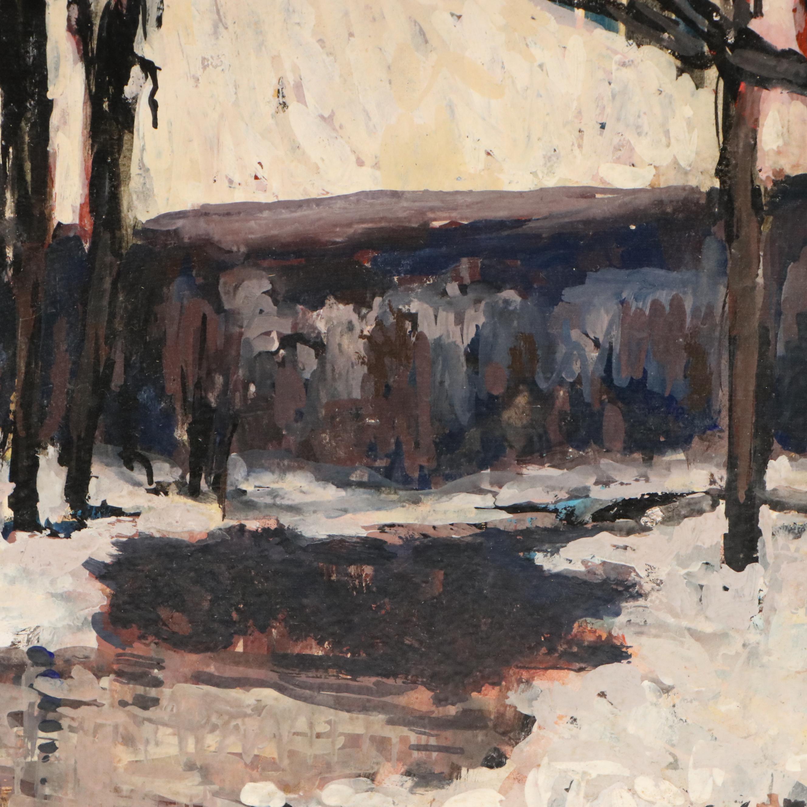 Francis F. Brown Gouache Painting of Winter River Landscape, 20th Century