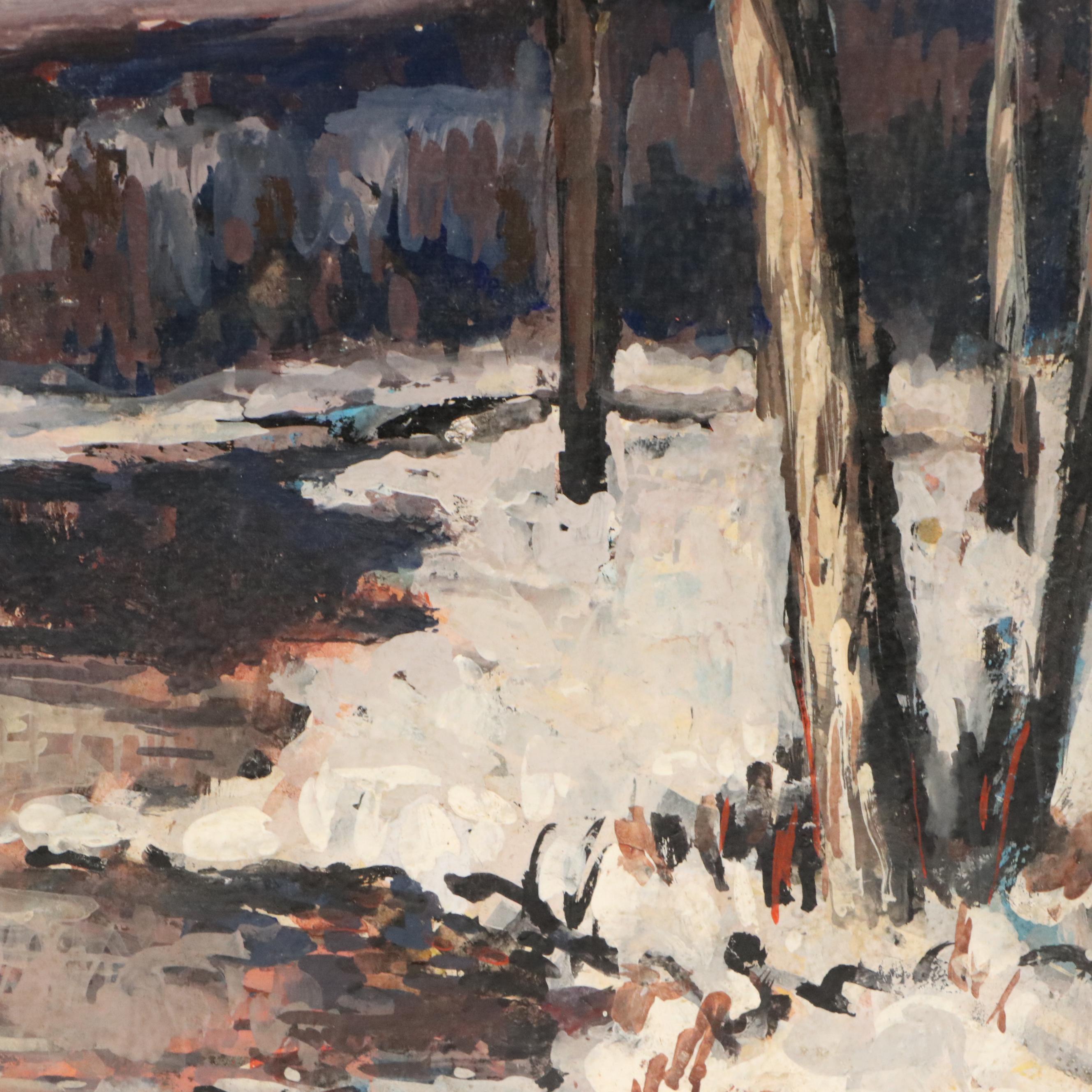 Francis F. Brown Gouache Painting of Winter River Landscape, 20th Century