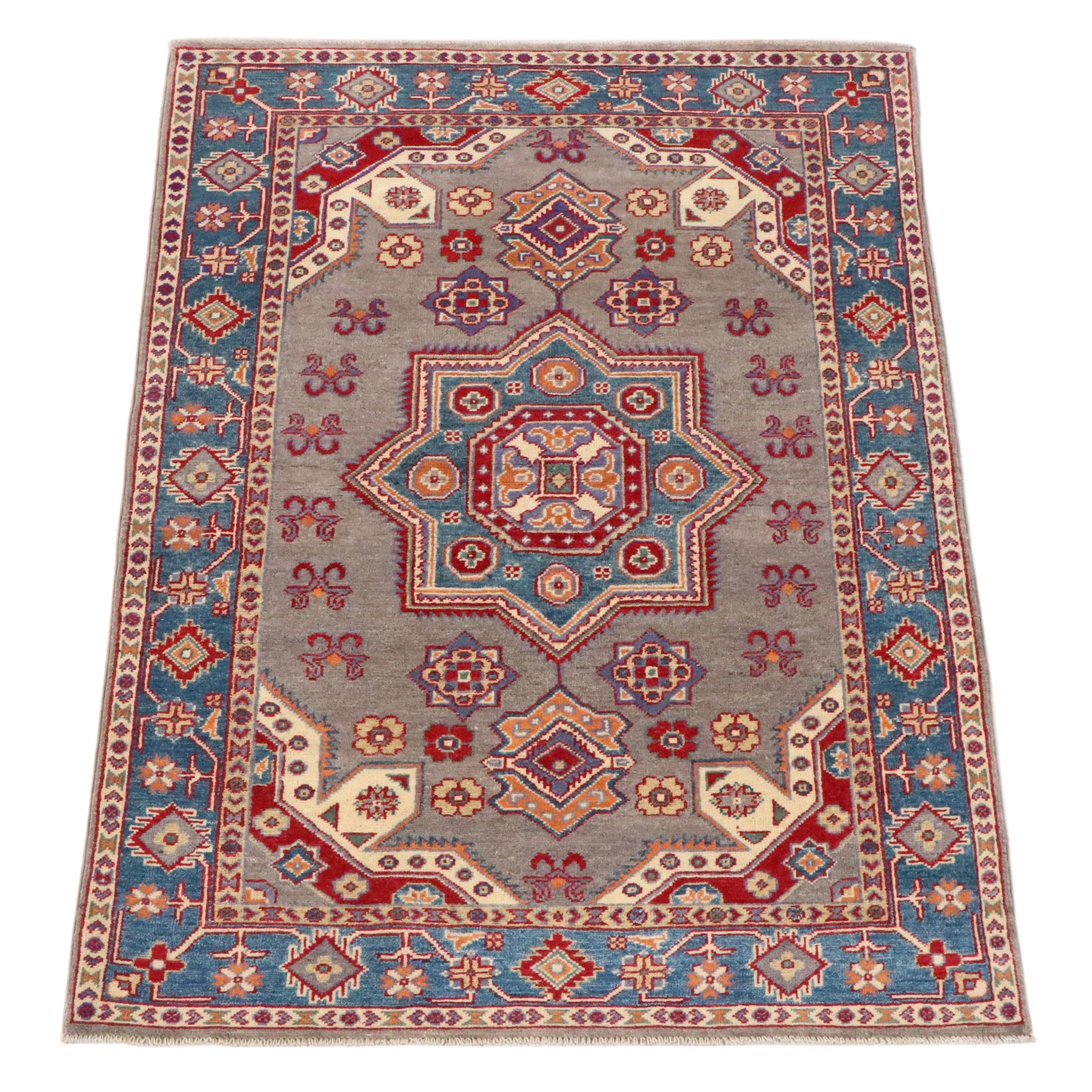 4'1 x 6' Hand-Knotted Pakistani Kazak Area Rug