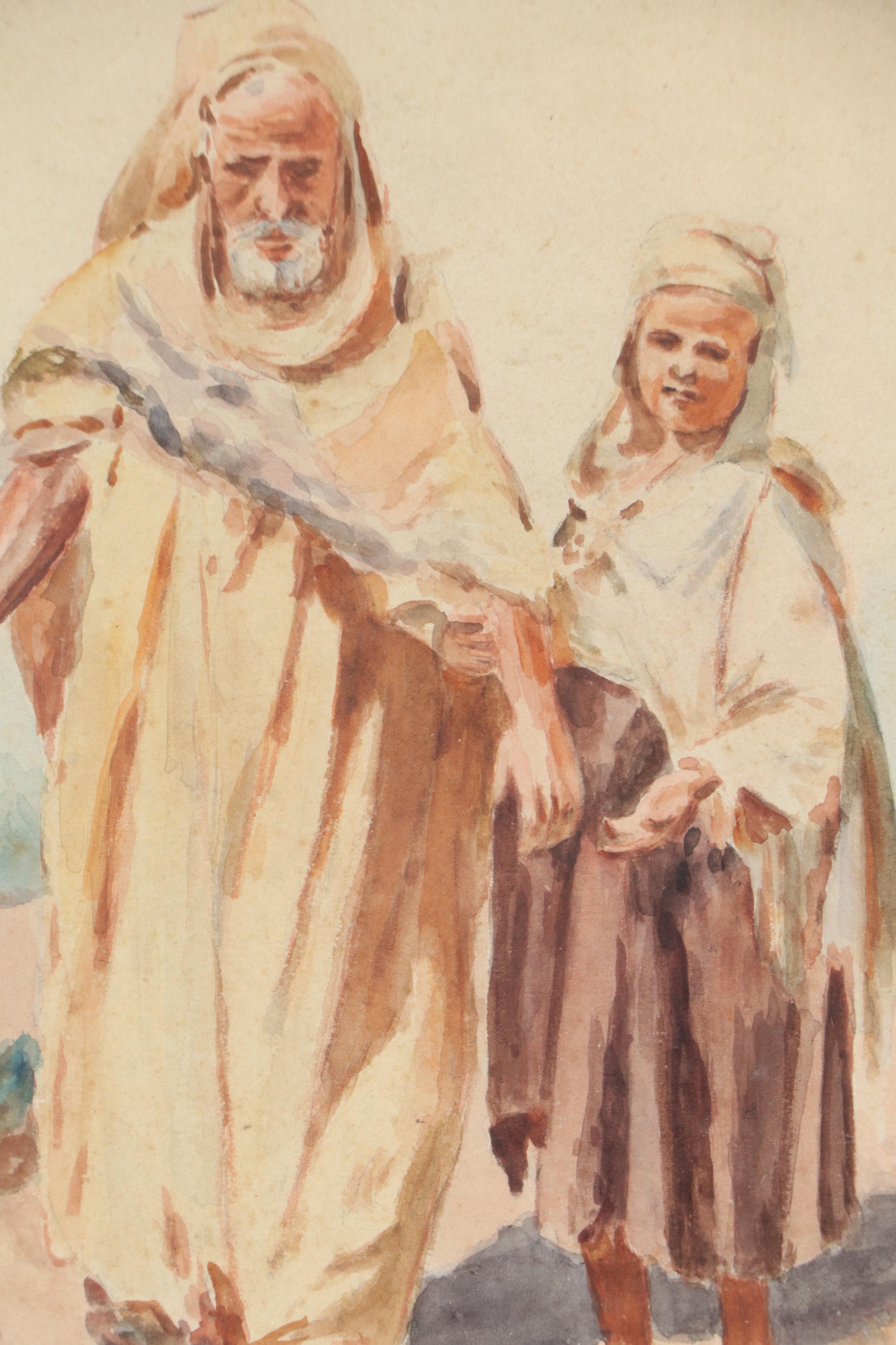 Watercolor Painting Depicting Israeli Young Child and Older Man, 1931