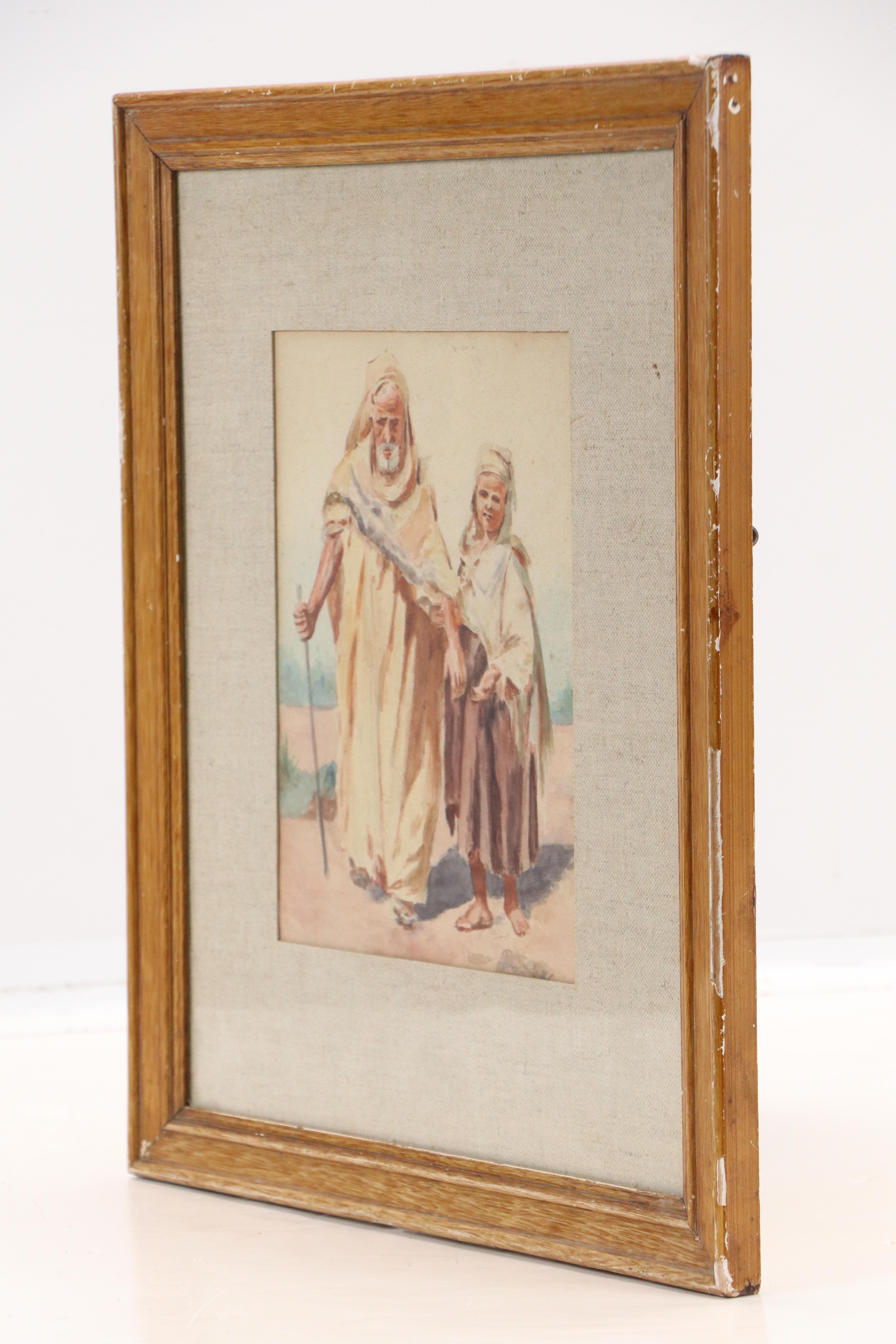 Watercolor Painting Depicting Israeli Young Child and Older Man, 1931