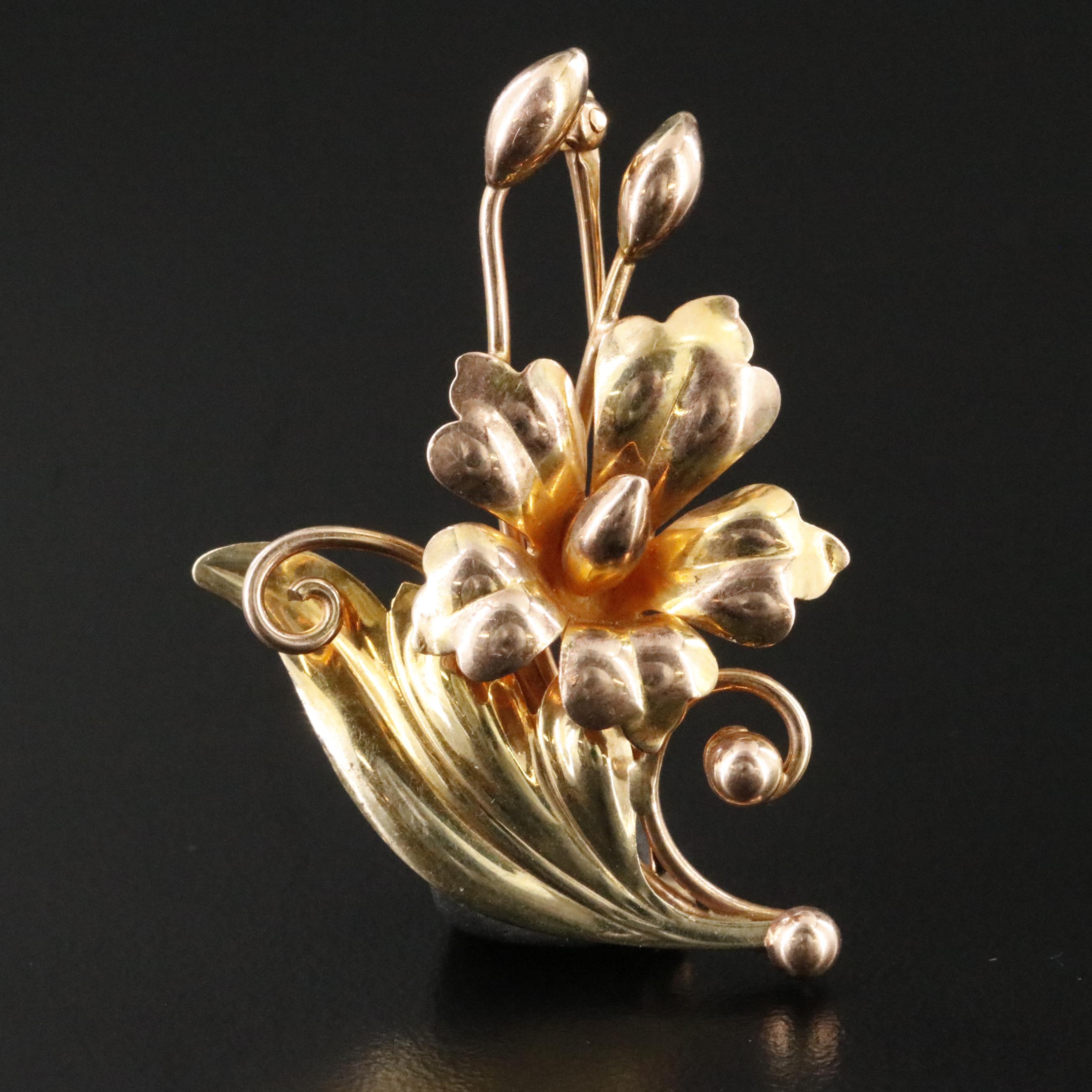 Vintage 10K Two-Tone Floral Brooch