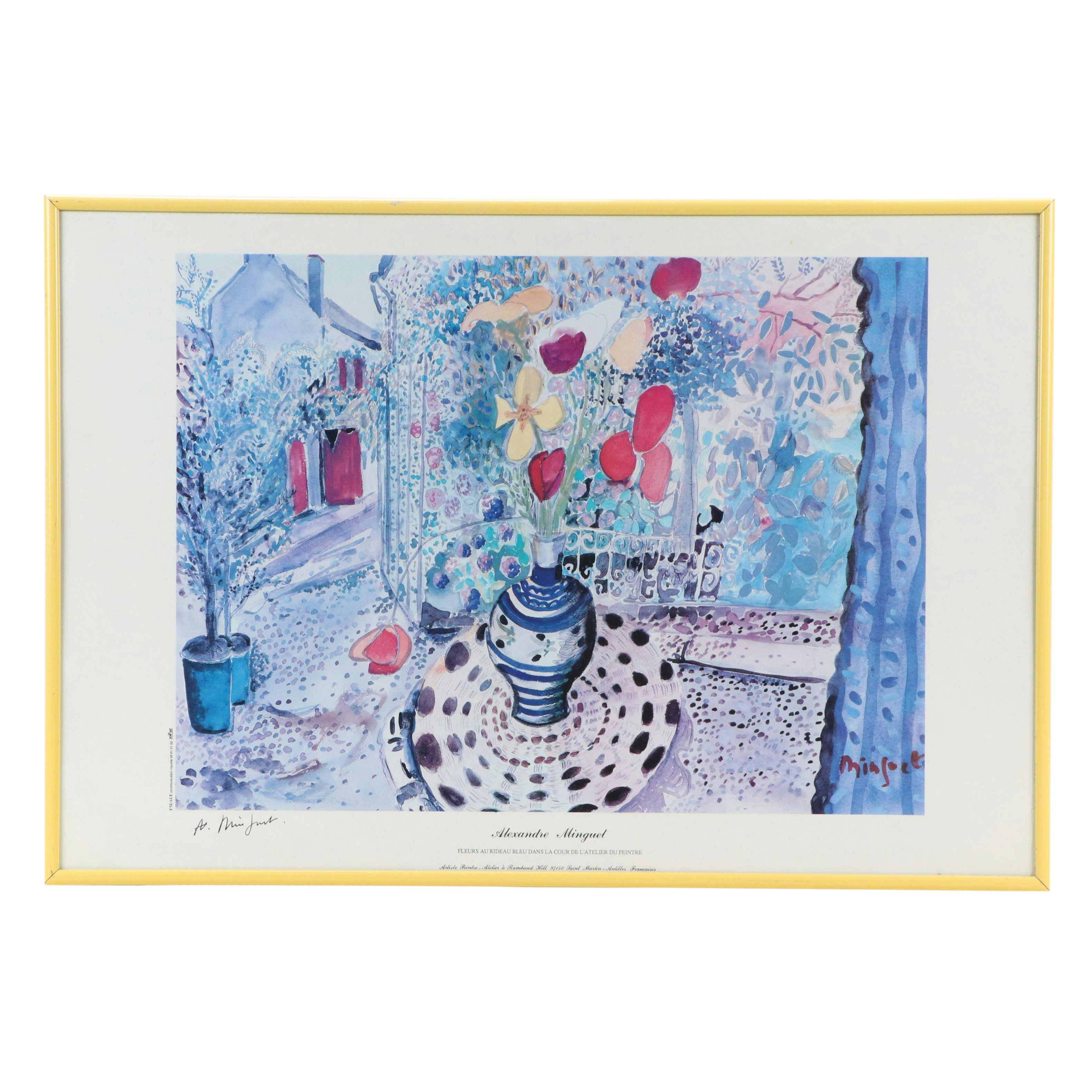 A. Minguet Offset Lithograph "Fleurs au Rideau Bleu Dans...," Late 20th C.