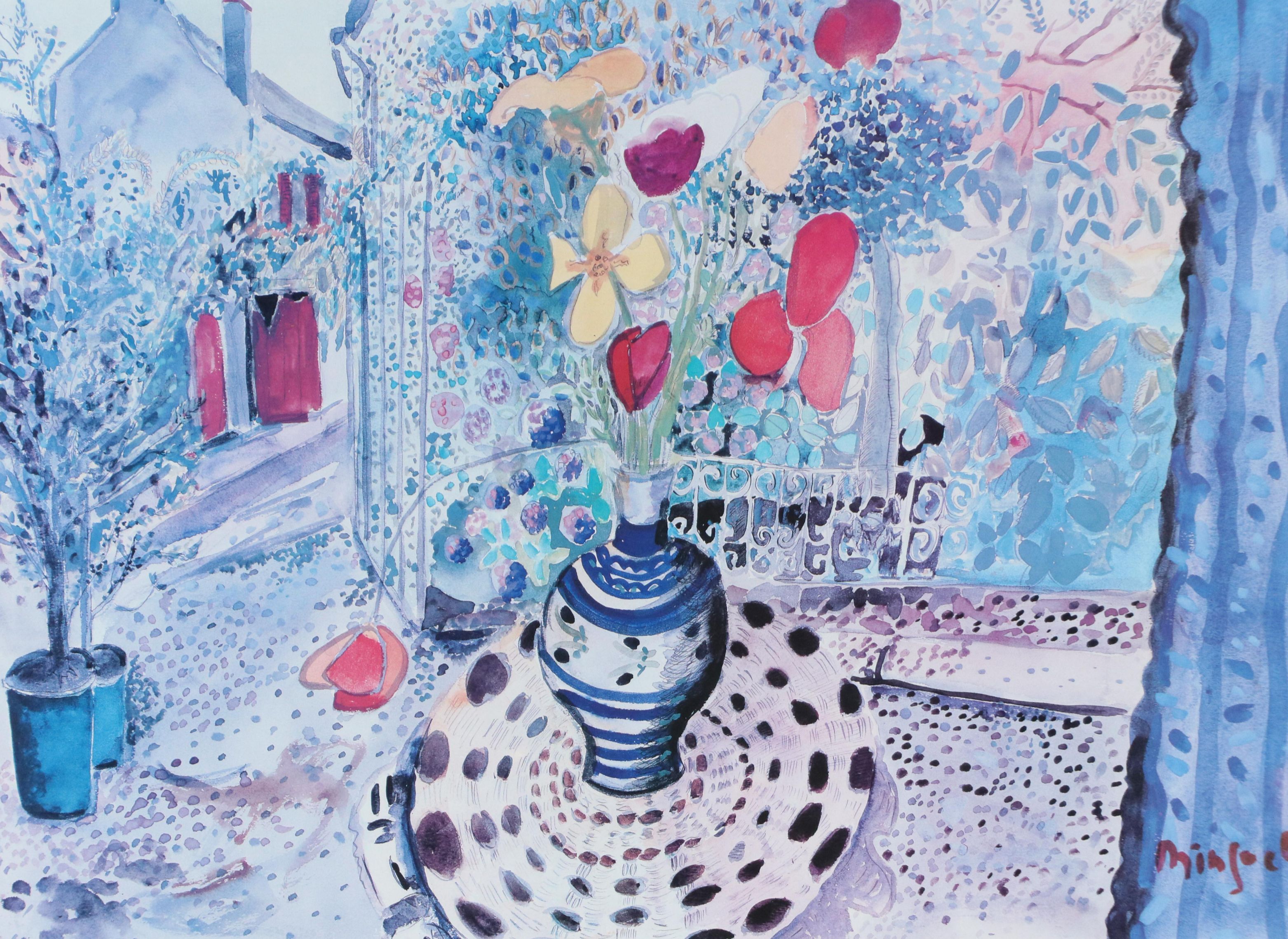 A. Minguet Offset Lithograph "Fleurs au Rideau Bleu Dans...," Late 20th C.