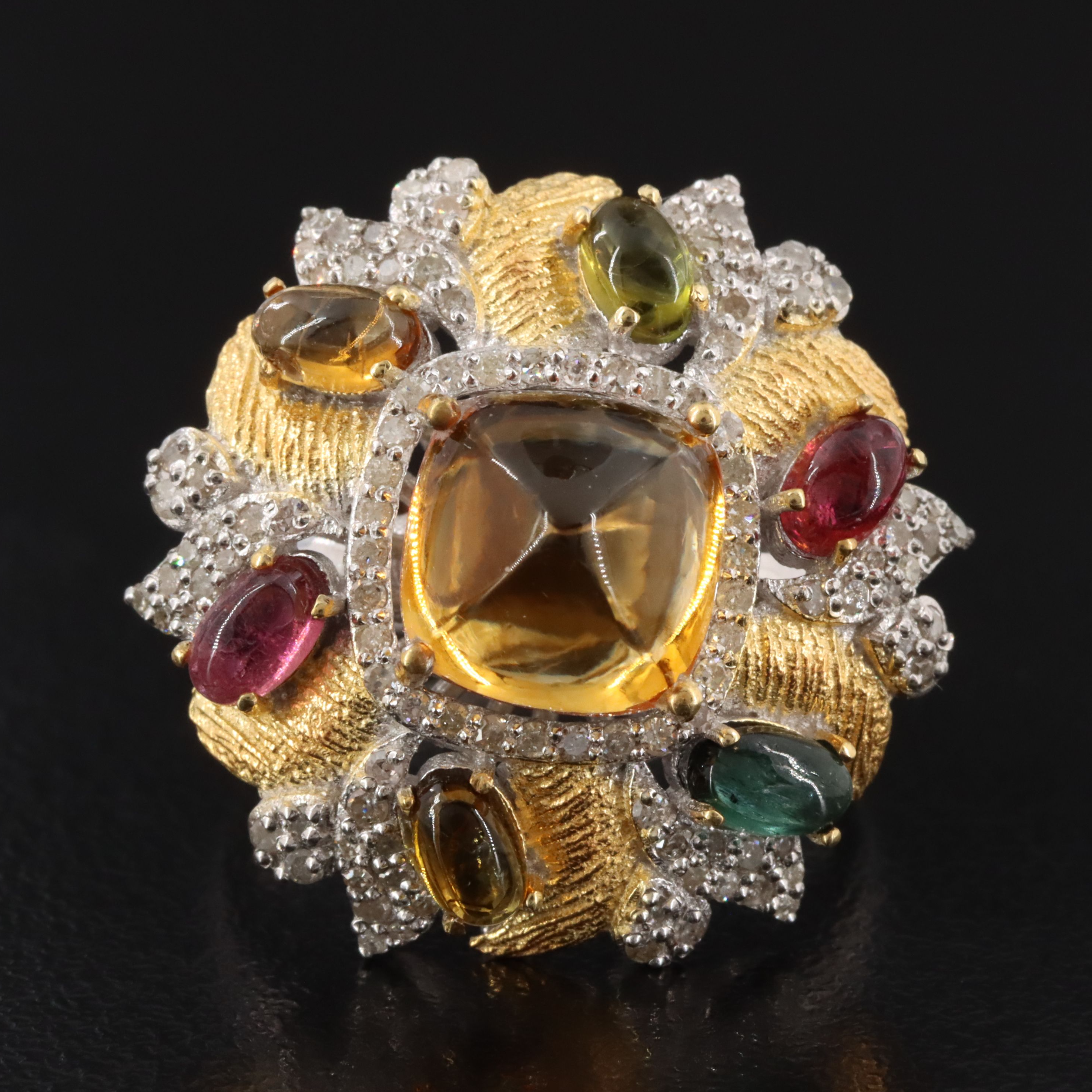 Sterling Citrine, Tourmaline and Diamond Ring