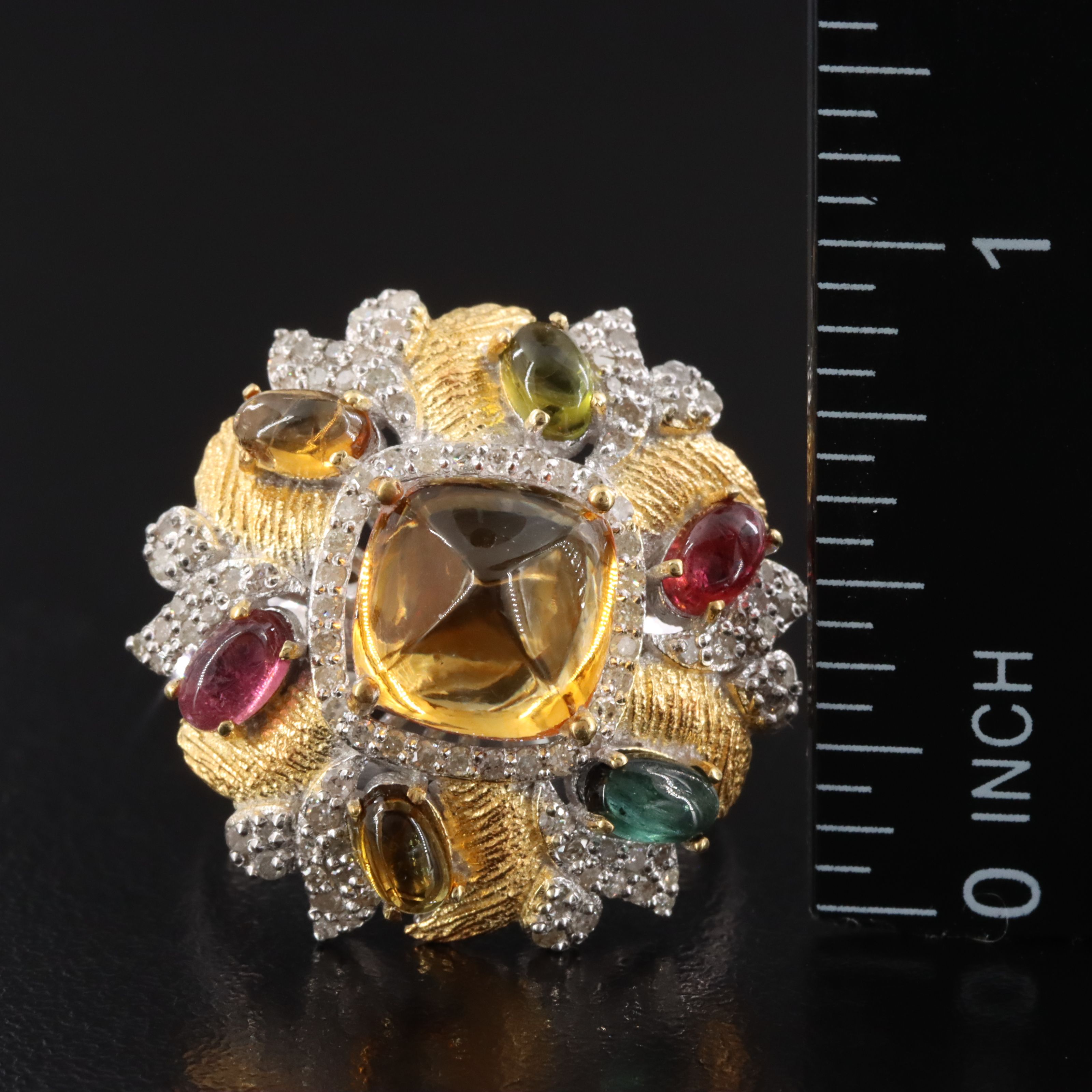 Sterling Citrine, Tourmaline and Diamond Ring