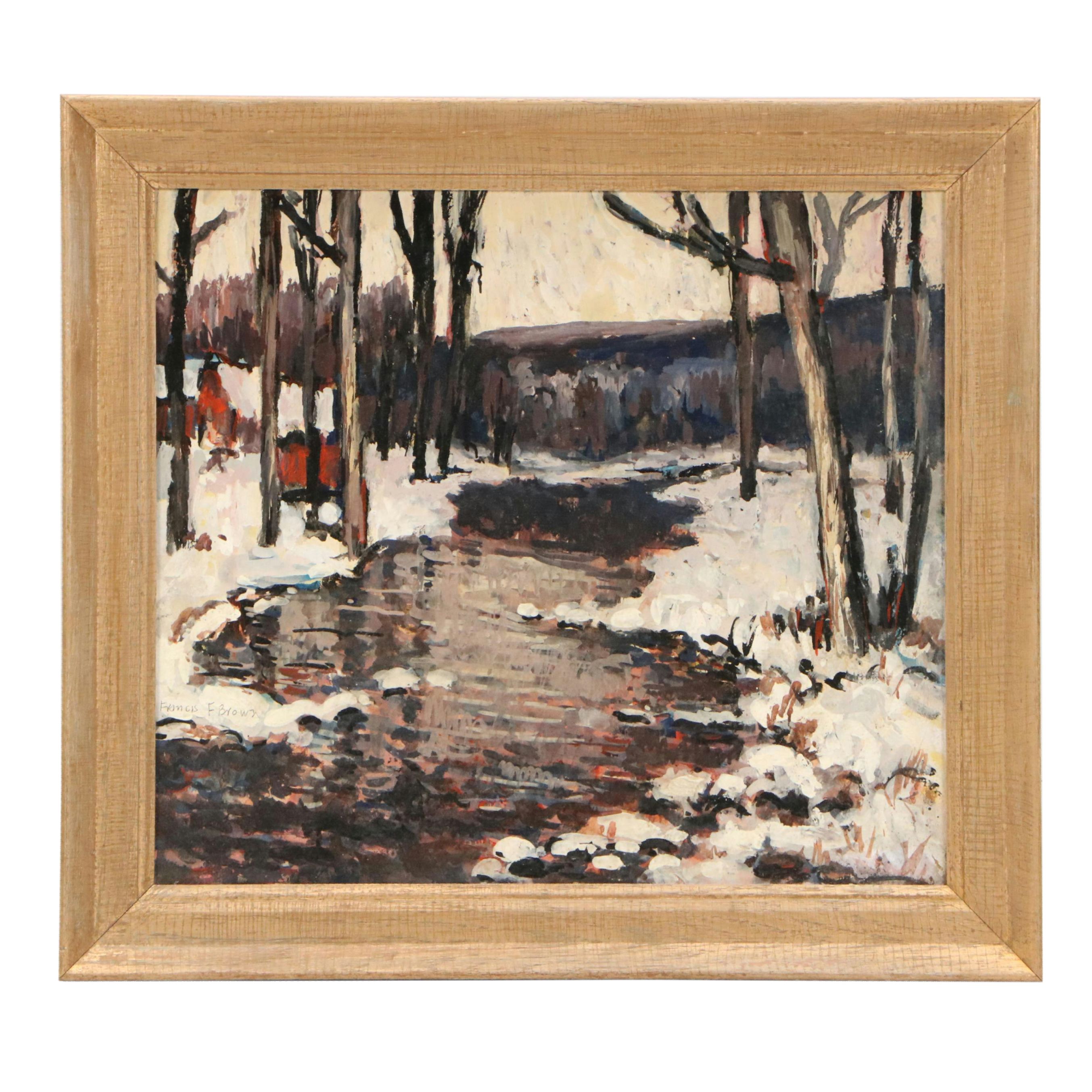 Francis F. Brown Gouache Painting of Winter River Landscape, 20th Century